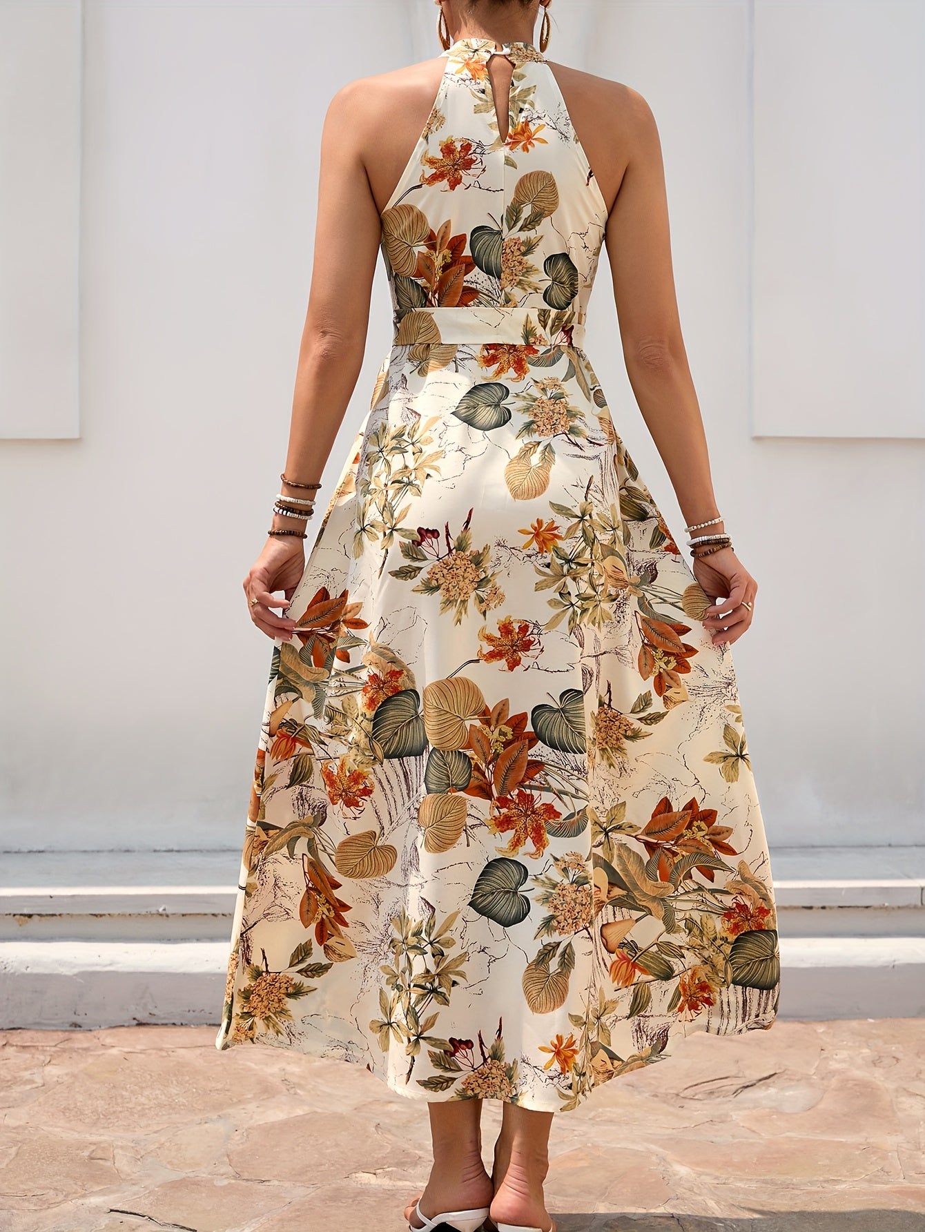 Belted Floral Print Split Halter Dress, Vacation Sleeveless Dress For Spring & Summer, Women's Clothing