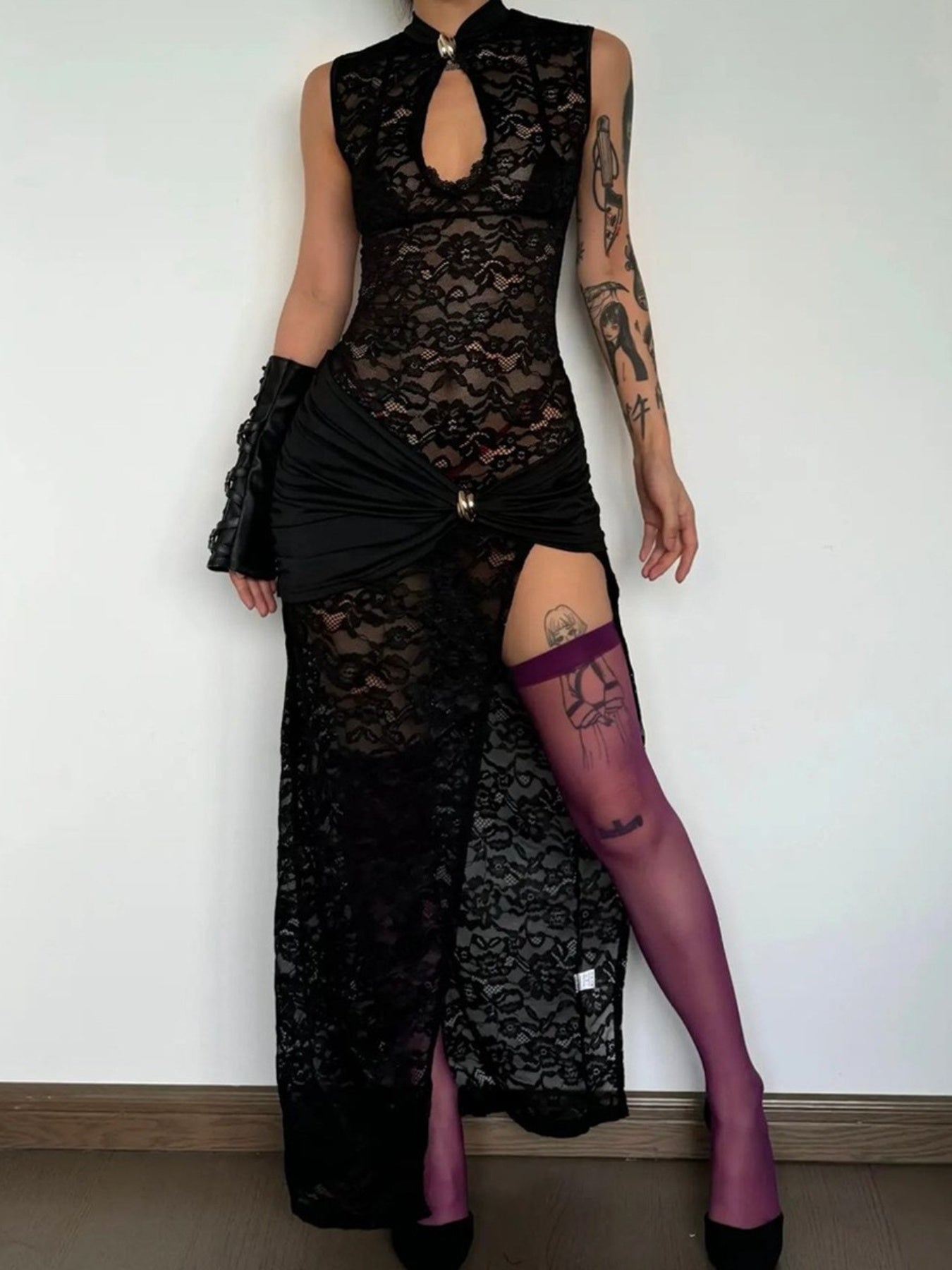 New And Fashionable Lace Hollow-Out High-Slit Slim-Fitting Sleeveless Dress for Women