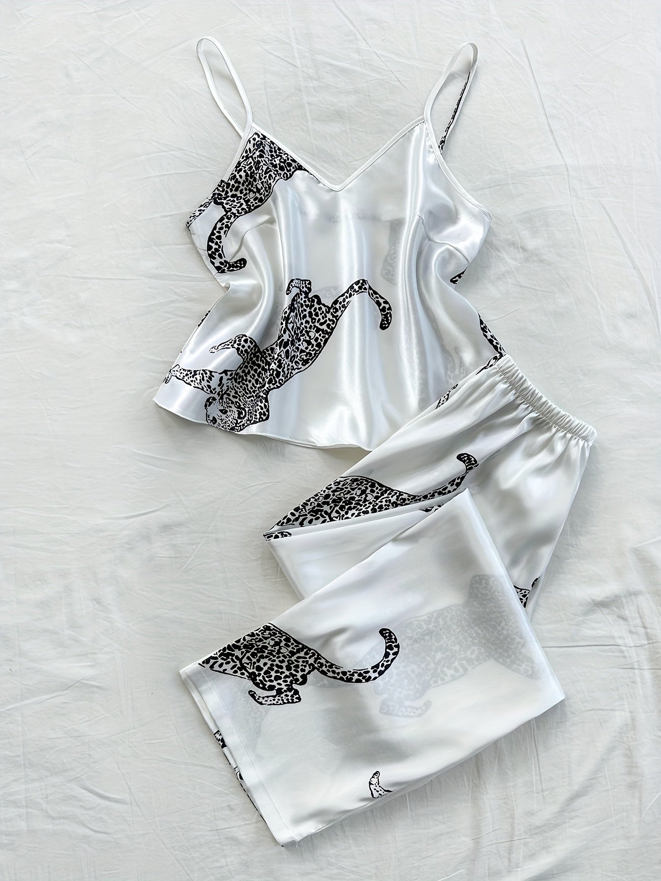Leopard Print Fashionable Comfort V-Neck Camisole Long Pants Pajama Set 2pcs