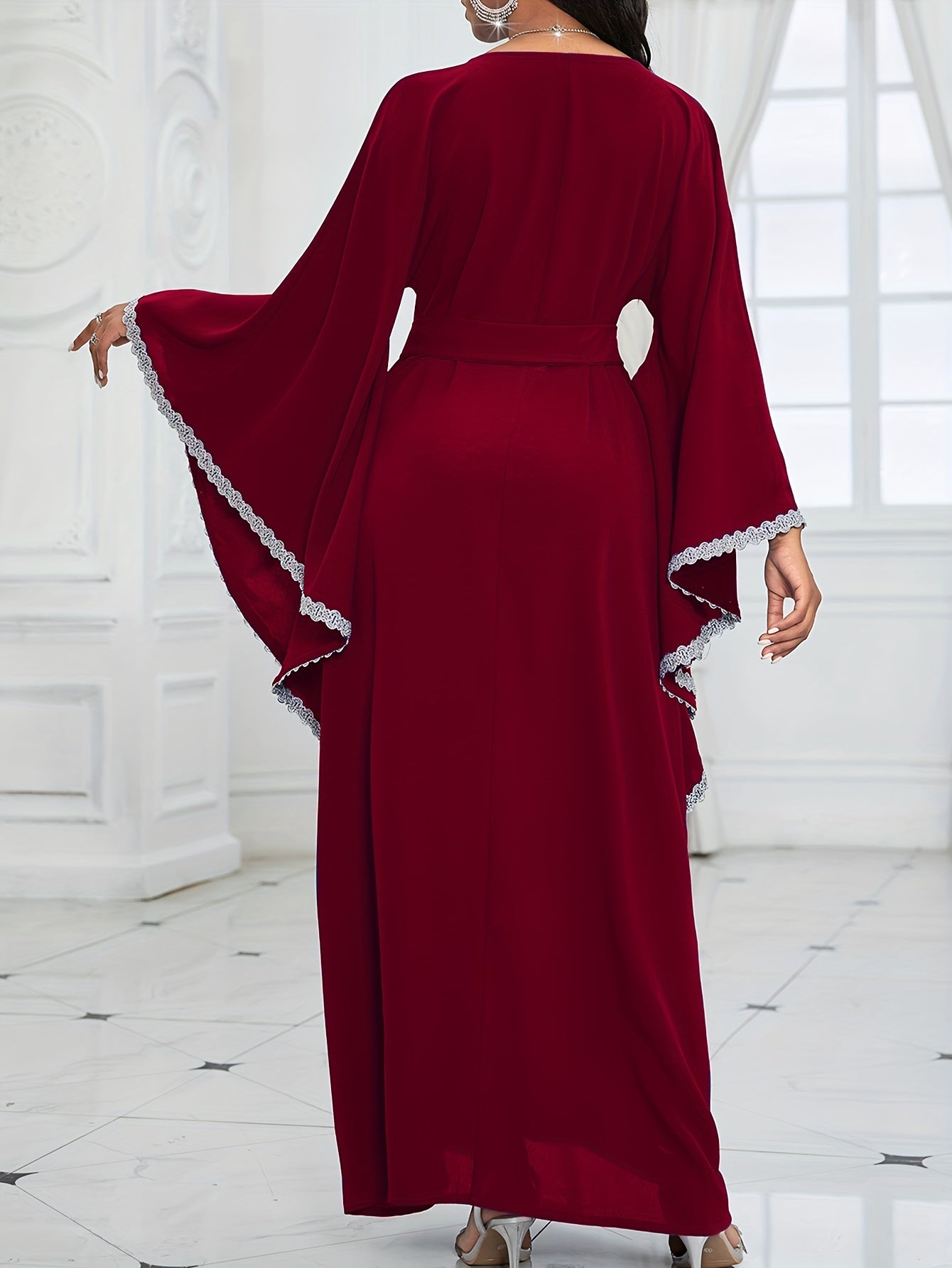 Contrast Lace Flare Sleeve Dress, Elegant Crew Neck Tied Waist Ankle Length Dress For Party & Banquet, Women's Clothing Wedding/Occasion/Engagement/Ceremony/Evening dress