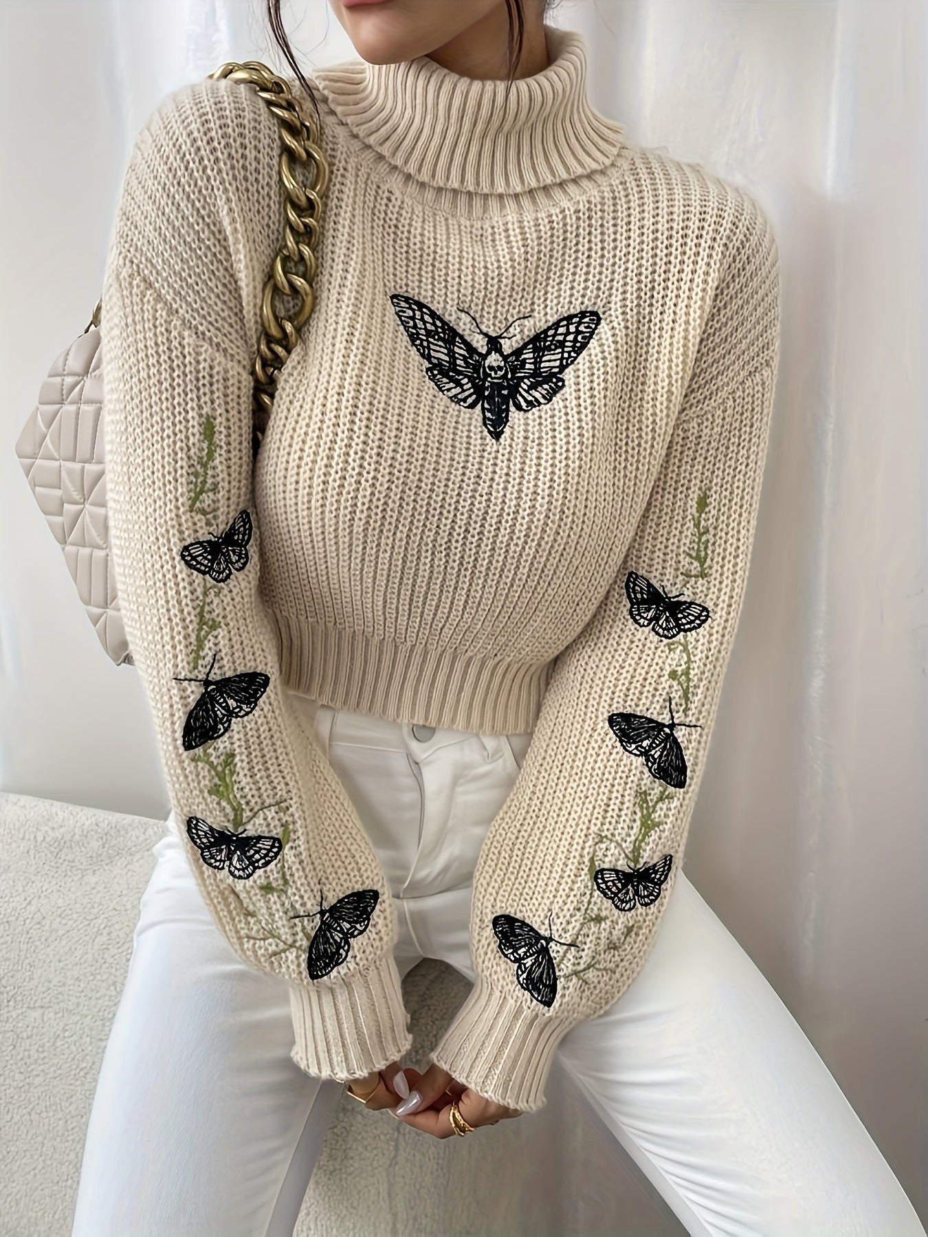 Winter Warmth] Elegant Pink Butterfly Sweater for Women - Cozy Turtleneck, Long Sleeve, 100% Polyester Knit Pullover, Casual Style, Perfect for Fall/Winter