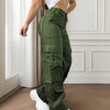 Women's Olive Green Cargo Pants with Multi-Pocket Design - Casual Flap Pockets, High Waist, Wide Leg, Street Style for Casual Attire