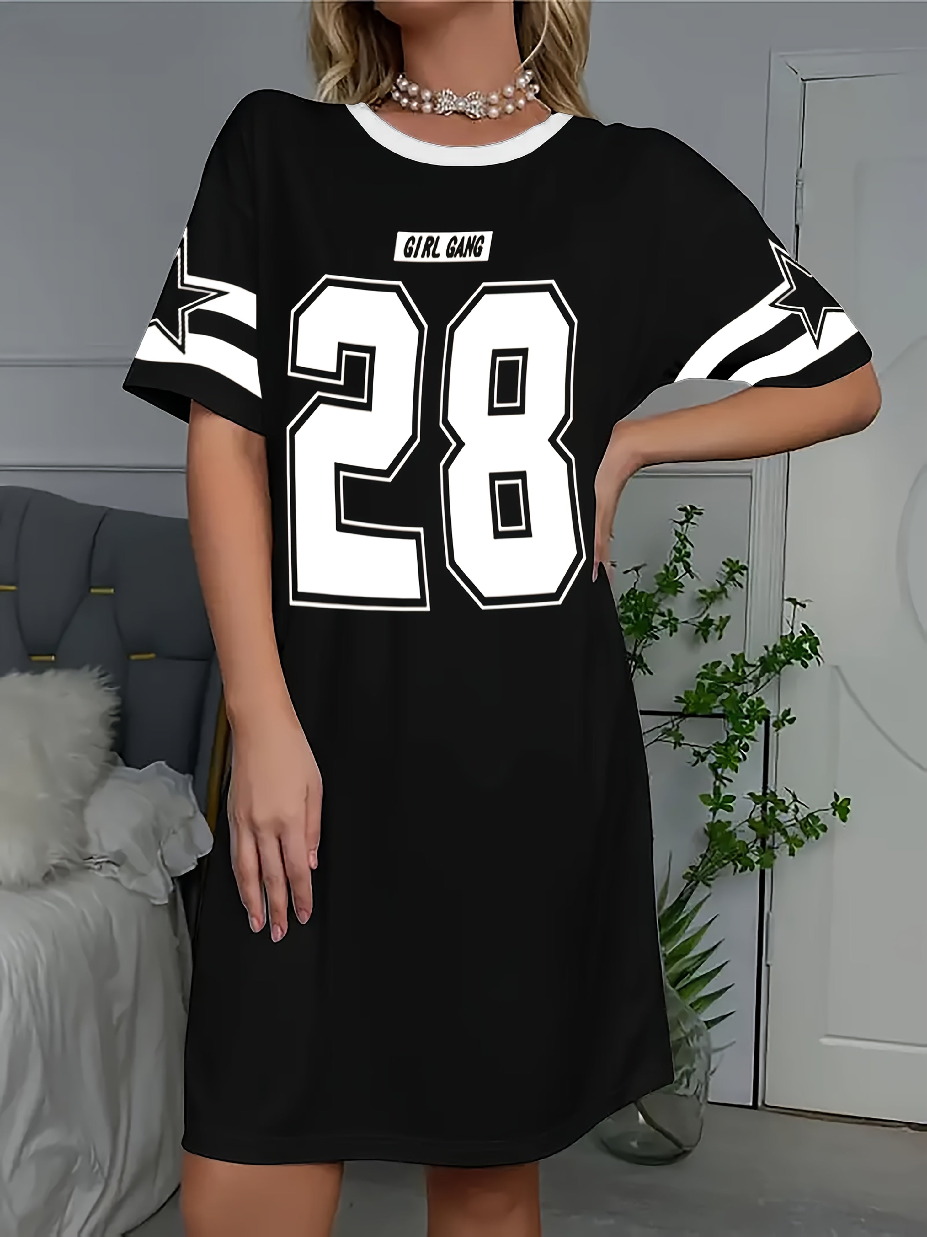 Women's Oversized Long T-Shirt Nightdress with Bold '28' Print & Letter Graphic - Soft Short Sleeve Lounge Dress for Home & Outings, Machine Washable Round Neck Casual Sleepwear, Versatile Nightdress | Modern Casual Dress | E