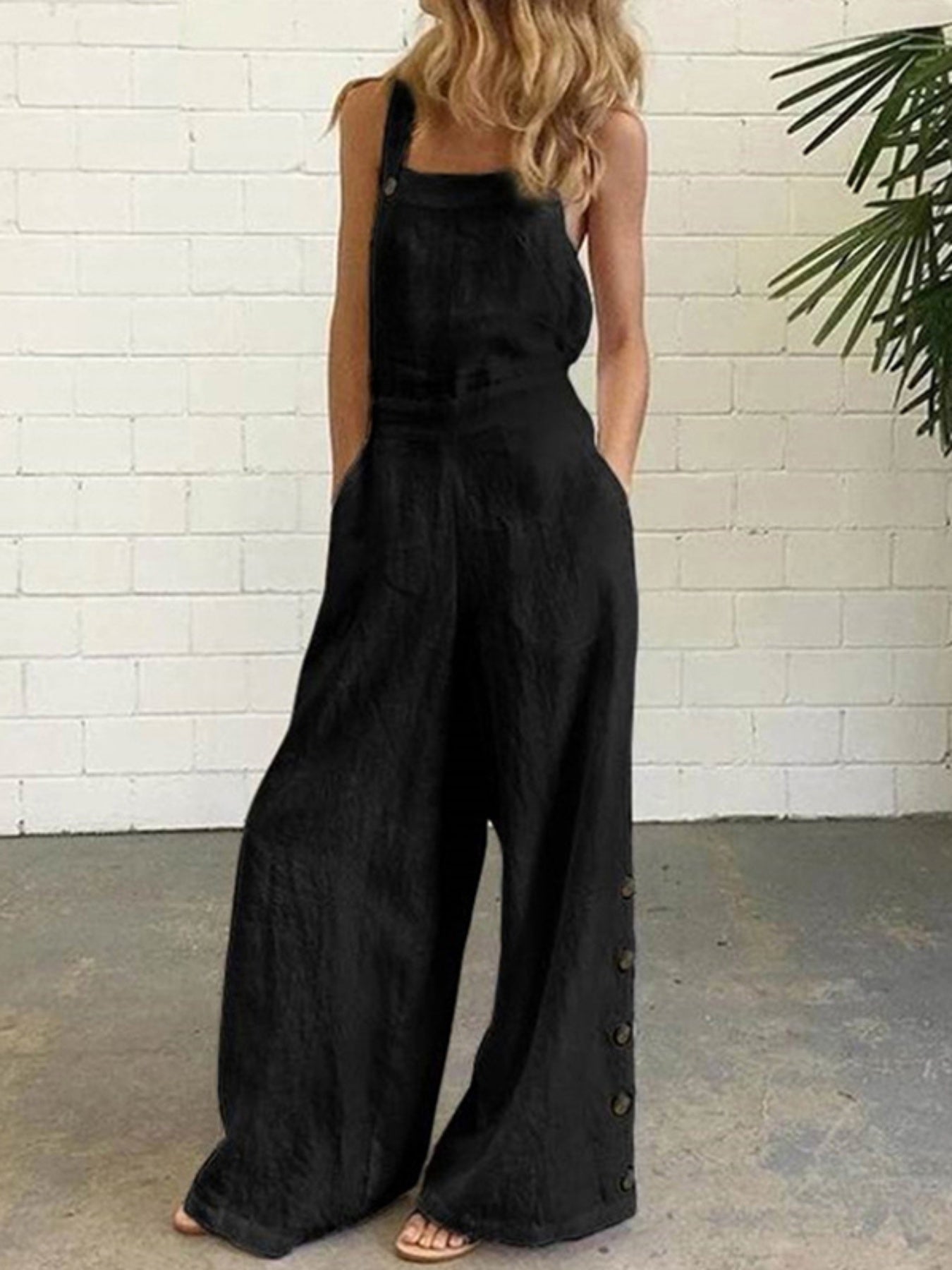 Women'S Elegant Wide Leg Jumpsuit - Solid Color Square Neck Sleeveless Pants with Pockets, Casual Summer Overalls for Adults, Light Gray, Casual Summer Wear | Casual Jumpsuit | Fabric Jumpsui