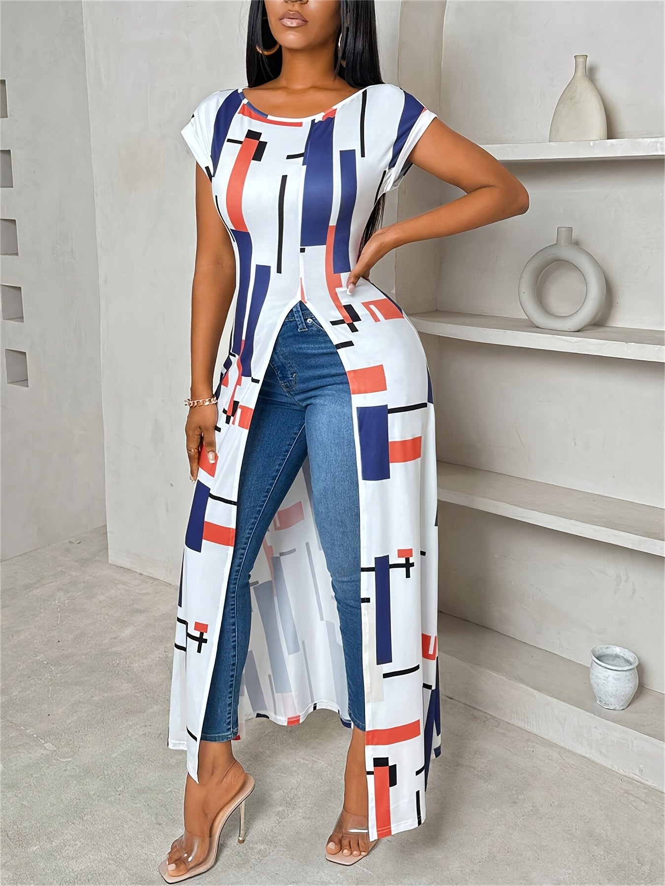 Women'S Geometric Print Round Neck Short Sleeve Casual T-shirt With Side Slit Hem Long Top, Spring/summer Women'S Wear