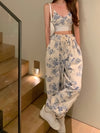 Comfortable Wear) Women's Floral Print Polyester Spandex Blend V-Neck Crop Top and Drawstring Waist Pants Set, Casual Vacation Style, Woven Fabric, for All Seasons