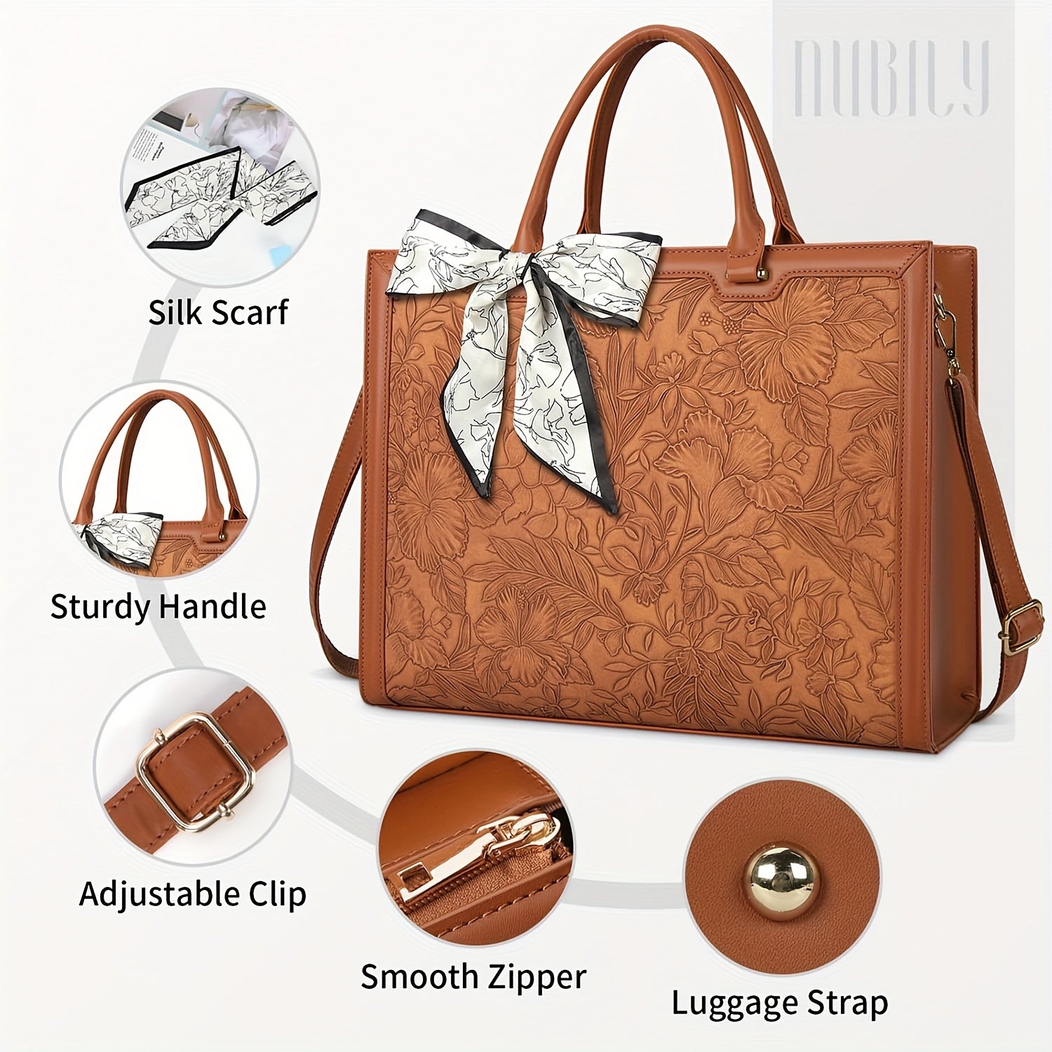 NEWHEY Women's Laptop Briefcase 15.6-inch Laptop Tote High Quality Computer Handbag Business Lightweight Office Briefcase Large Capacity Tote Shoulder Bag with Scarf, Brown