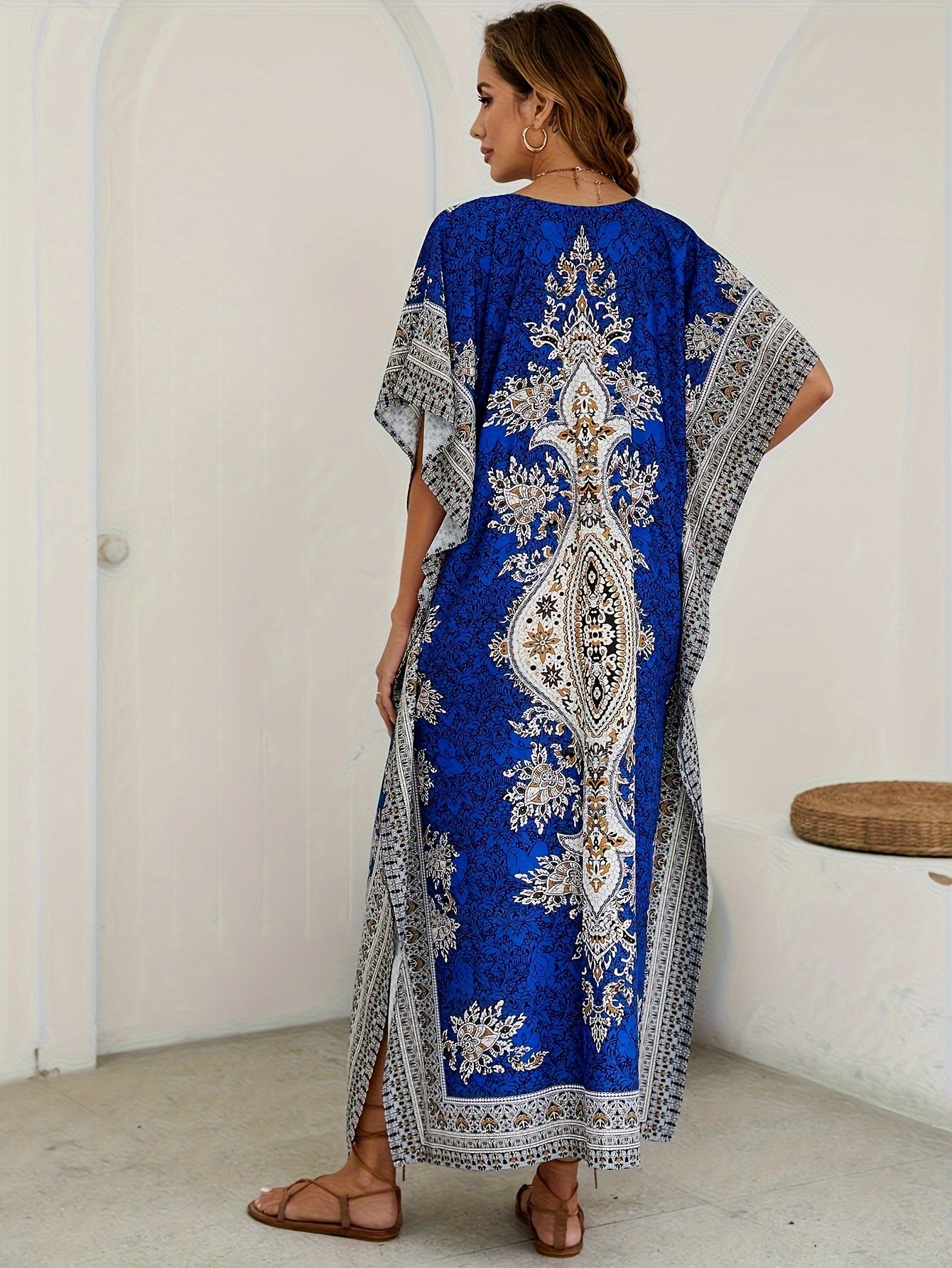 Boho Style Allover Print Cover Up Dress, V Neck Loose Fit Vacay Beach Kaftan, Women's Swimwear & Clothing