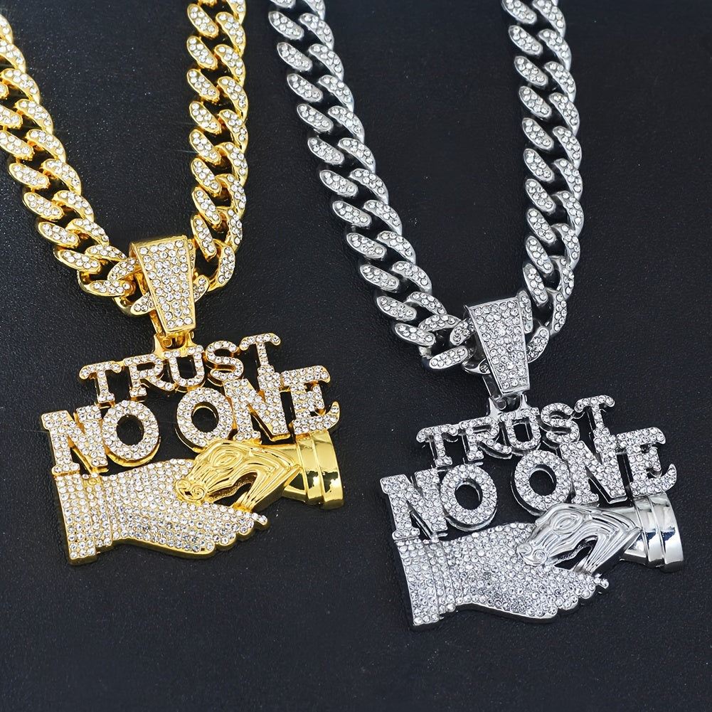 1pc Trust No One Pendant Necklace for Men & Women - Edgy Hip-Hop Cuban Link Chain with Rhinestone Accents, Bold Statement Jewelry Gift for Birthdays, Father's Day, Mother's Day, Statement Necklace | Luxury Pendant | Highquali