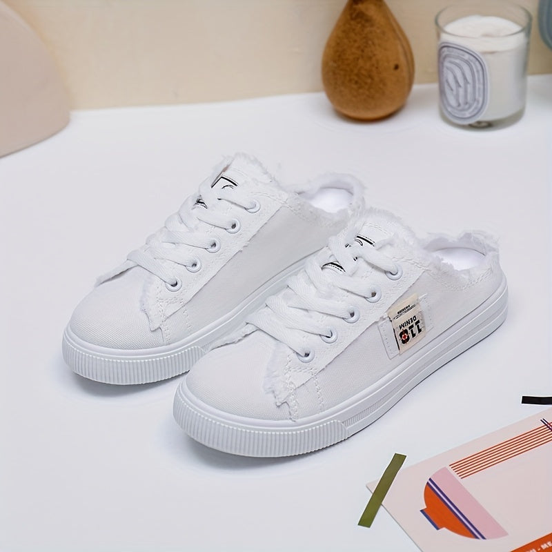 Women's Lightweight Breathable Flat Sole Sneakers - White Distressed Casual Running Walking Shoes with Fabric Upper, EVA Cushioned Sole & All-Season Comfort