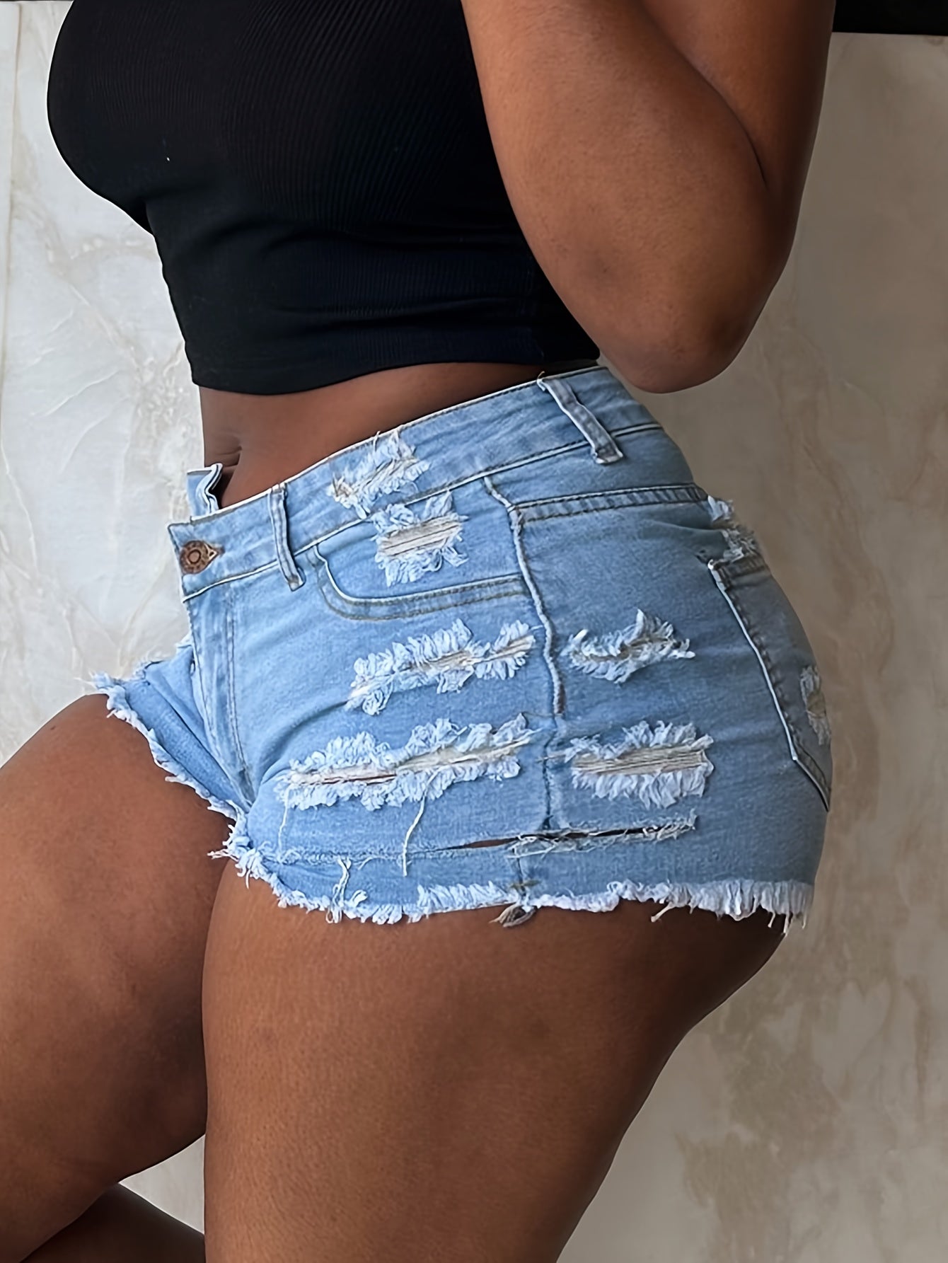 Ripped Raw Hem Denim Shorts - Distressed Washed Blue Denim Shorts - For Women - Casual & Trendy Style - Perfect for Summer & Everyday Wear - Gift Idea for Fashionable Ladies