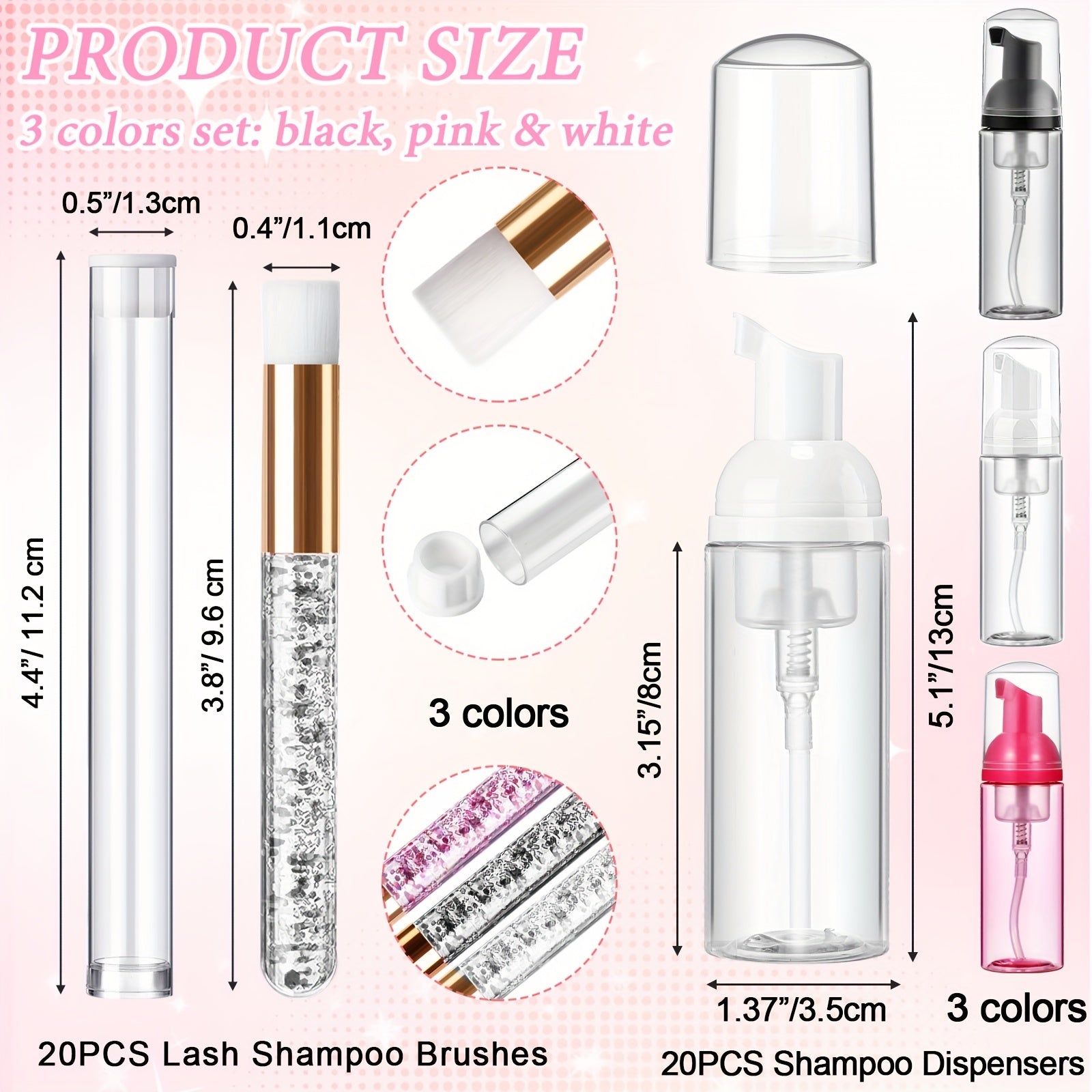 Lash Cleaning Kit - 80pcs 20 Eyelash Shampoo Foam Pump Dispensers, 20 Lash Aftercare Bag, Brushes, Pipes, Colorful For Party Favors