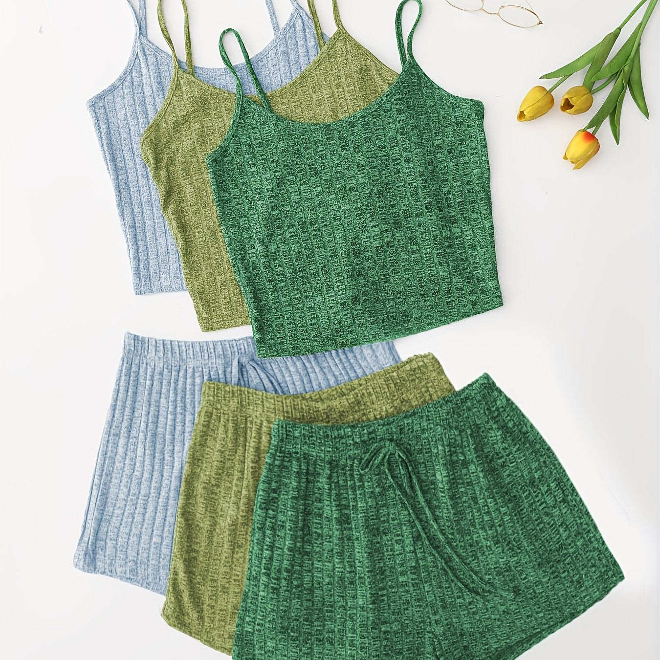 3 Sets Solid Pajama Set, Round Neck Cami Top & Lace-up Shorts, Women's Sleepwear & Loungewear