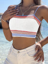 Crochet Lace Up Backless Knitted Cami Top, Vacation Spaghetti Strap Sleeveless Color Block Crop Top, Women's Clothing