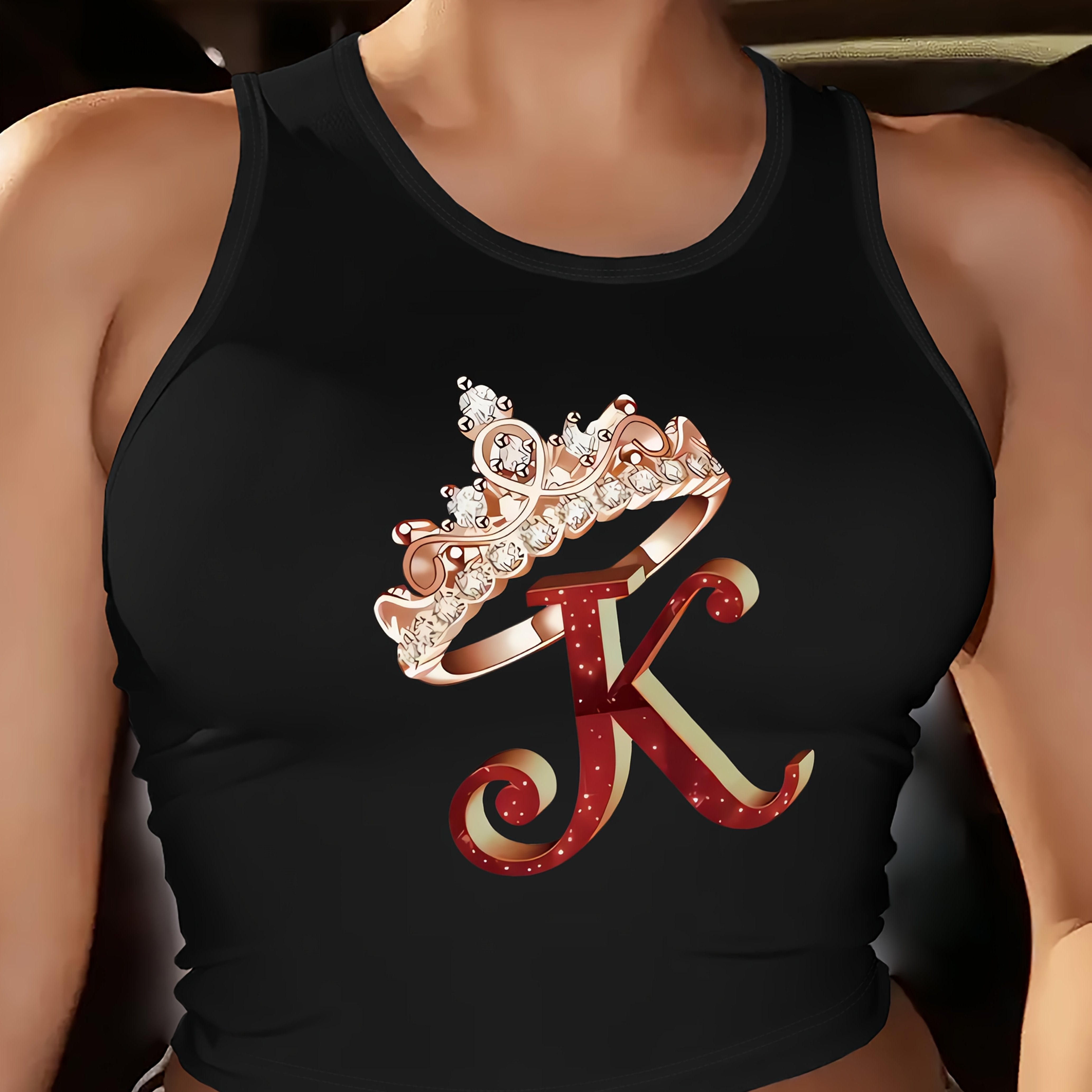 Chic Maroon Sleeveless Tank Top for Women with Crown & "K" Design - Casual Crew Neck, Breathable Polyester Blend, Perfect for Spring/Summer