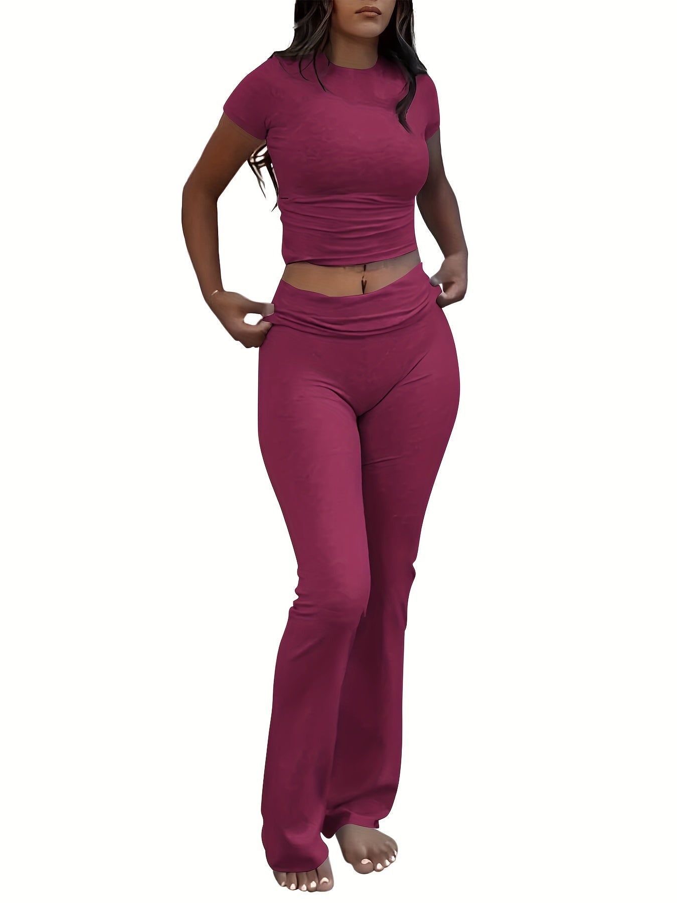 Women's Casual Slim Fit Two-Piece Pants Set – Short Sleeve Crew Neck T-Shirt & High Stretch Flared Leg Sport Pants Outfit