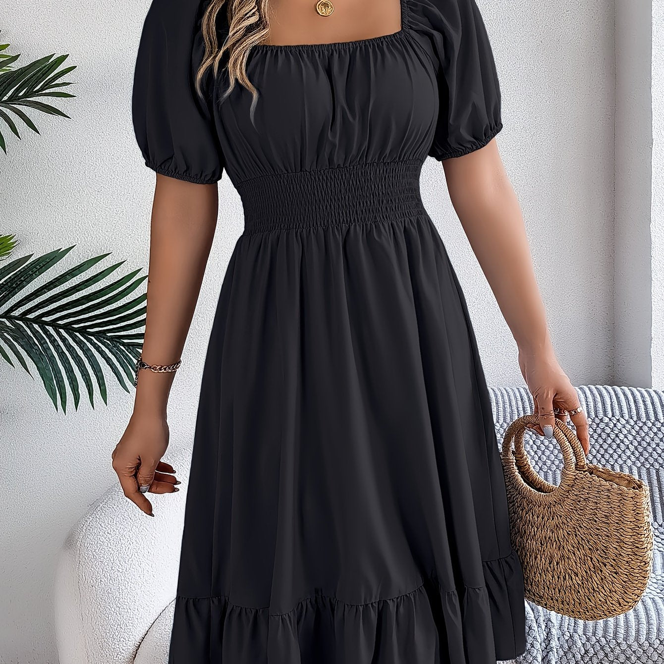 1pc Women'S Elegant Square Neck Short Sleeve A-Line Dress with Ruffle Detail, Polyester Woven Fabric, Solid Color, Spring/Summer/Autumn Collection