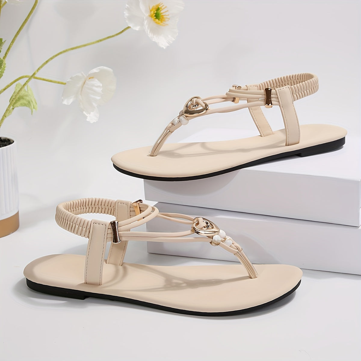 Elegant Women's Heart Charm Flat Sandals - Open Toe, Slip-On Design with Braided Straps & Pearl Accents, Faux Cover Summer Beach Shoes, Ladies Sandals