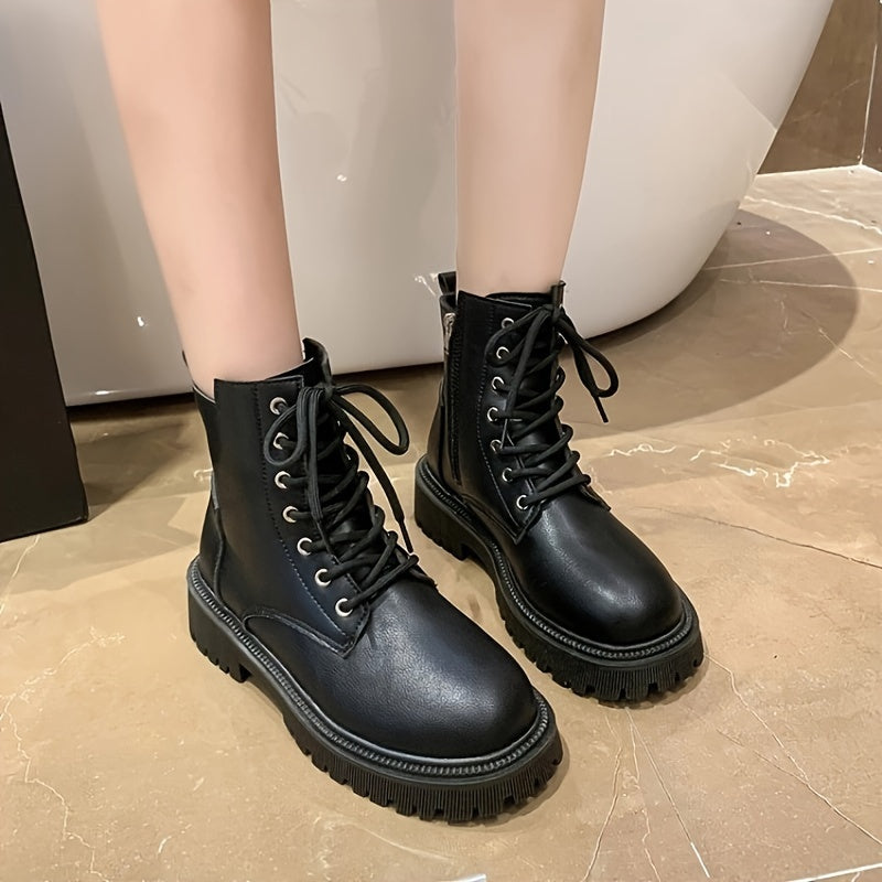 Stylish Women's Solid Color Platform Ankle Boots - Fashionable Lace-Up, Side Zipper, Comfortable, Cushioned, and Soft Insole - Perfect for Daily Wear, Work, or Casual Occasions