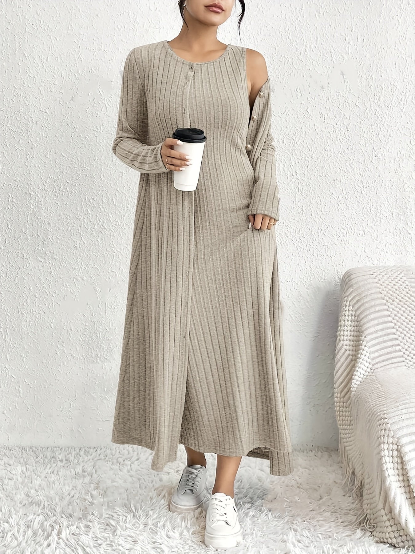 2pcs Set of Elegant Special Women's Ribbed Knit Long Sleeve Cardigan Dress