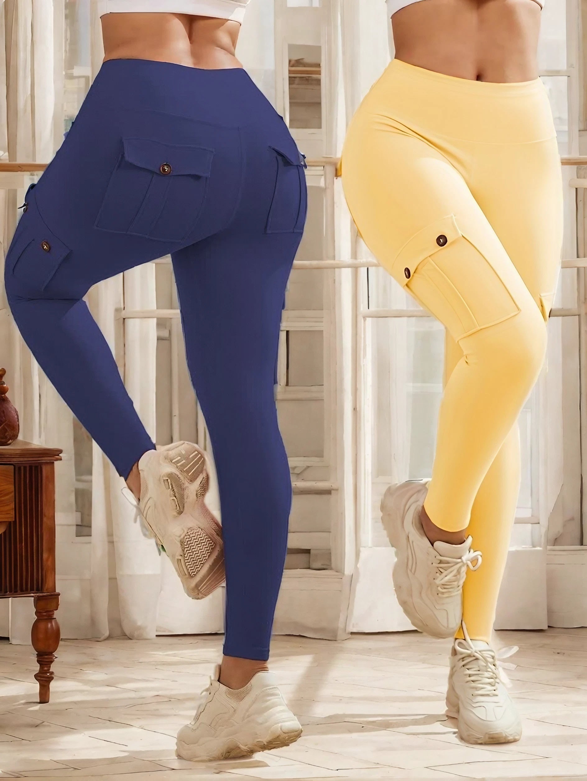 2pcs high-waisted yoga leggings with 4-button pockets, multi-pack butt-lifting and abdominal fitness running four-way elastic work pants, 2pcs leggings set