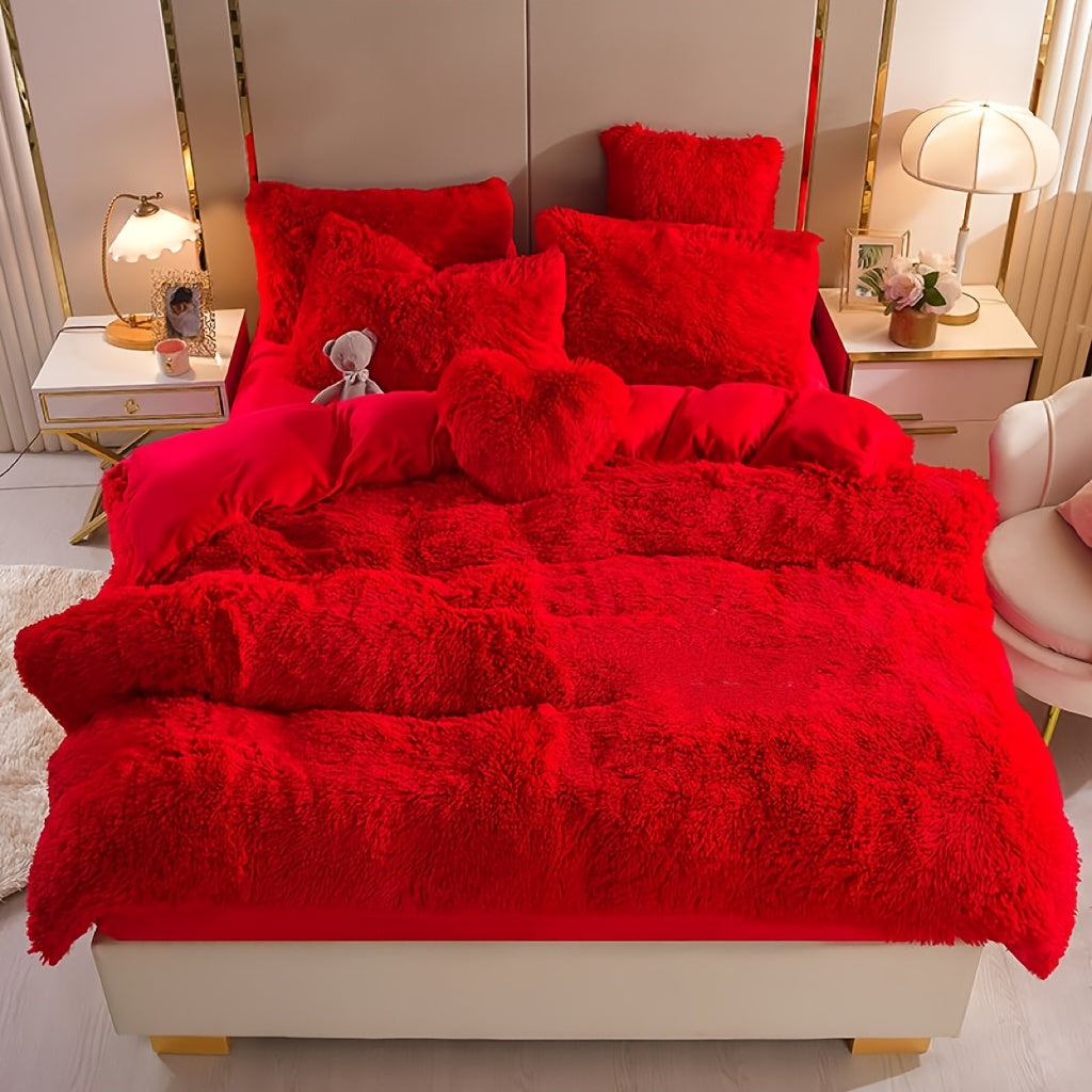 4pcs Queen/King Size Comforter Set | Fluffy Plush Velvet Bed Comforter Sets (1 Duvet+2 Pillowcases+Sheet) | Ultra Soft Thermal All-Season Luxury Bedding for Bedroom, Dorm & Guest Rooms | Queen Size Comforter Set & King Size B
