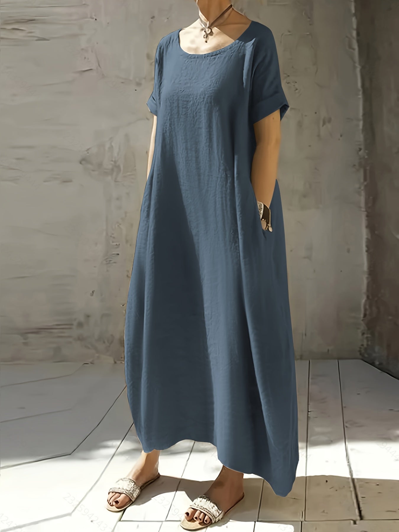 Women's New Summer Round Neck Short Sleeve Loose Dress with Pocket, Elegant and Pure Color Mid-Long Casual Skirt