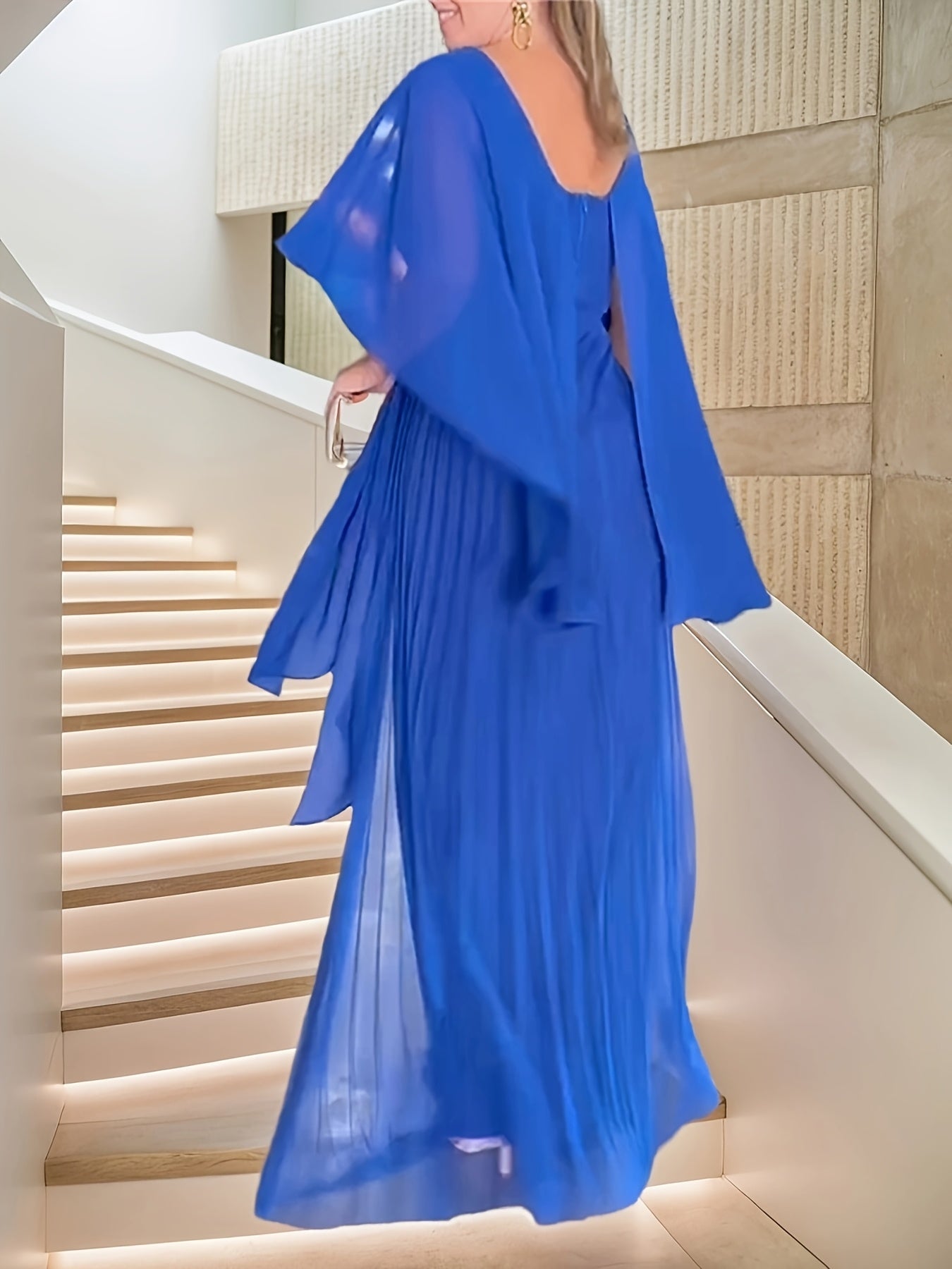 Elegant Solid Color Round Neck Pleated Fake Two-Piece Long Swing Dress