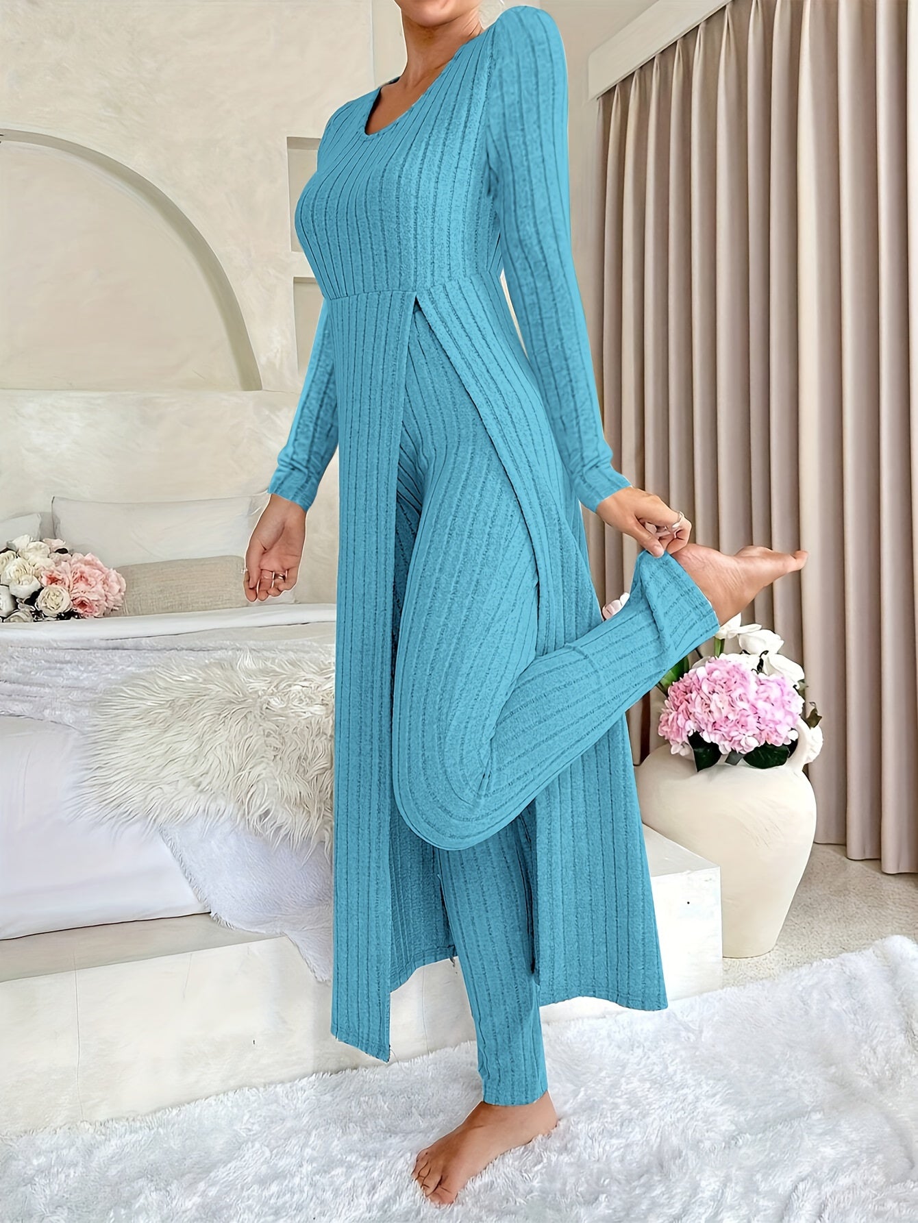 Short Sleeve V Neck Solid Color Ribbed Pants Set, Elastic Waist Slim Outfits with Long Length Top, Casual Women's Clothing