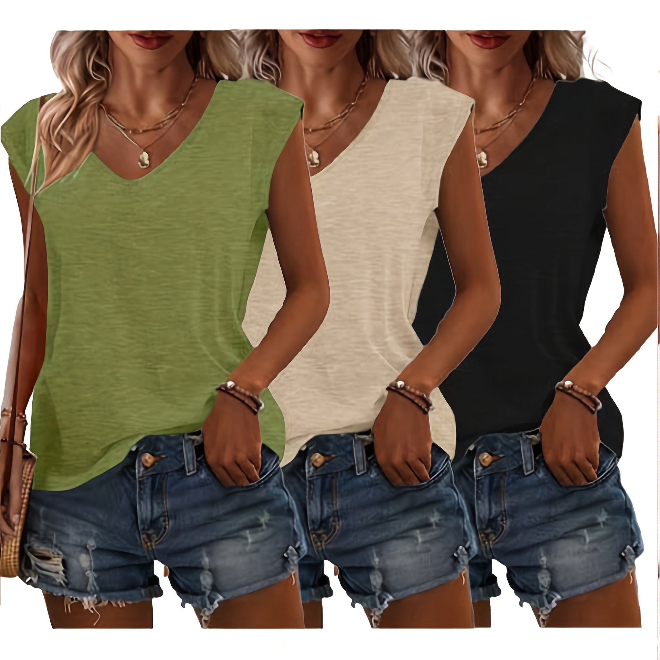 [Versatile | Cute] 3pcs Women's Lightweight Casual V-Neck Short Sleeve T-Shirts | Polyester Blend, Solid Colors | Perfect for Spring & Summer Outfits