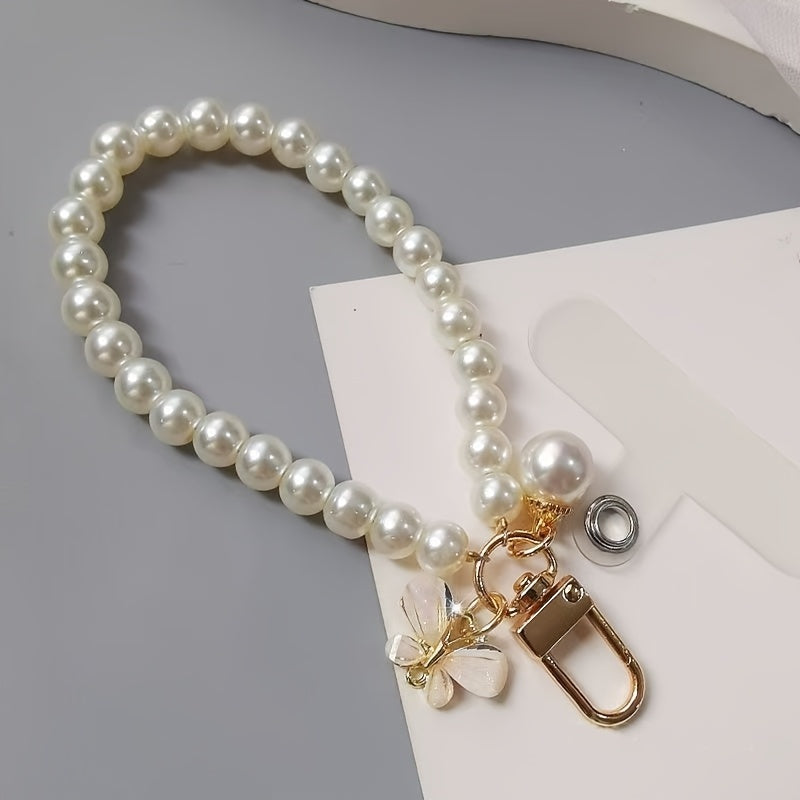 New Fashionable Women's Imitation Pearl Short Mobile Phone Lanyard Wrist Strap, Butterfly Beads Keychain, Mobile Phone Strap, Bag Pendant, Small Gift