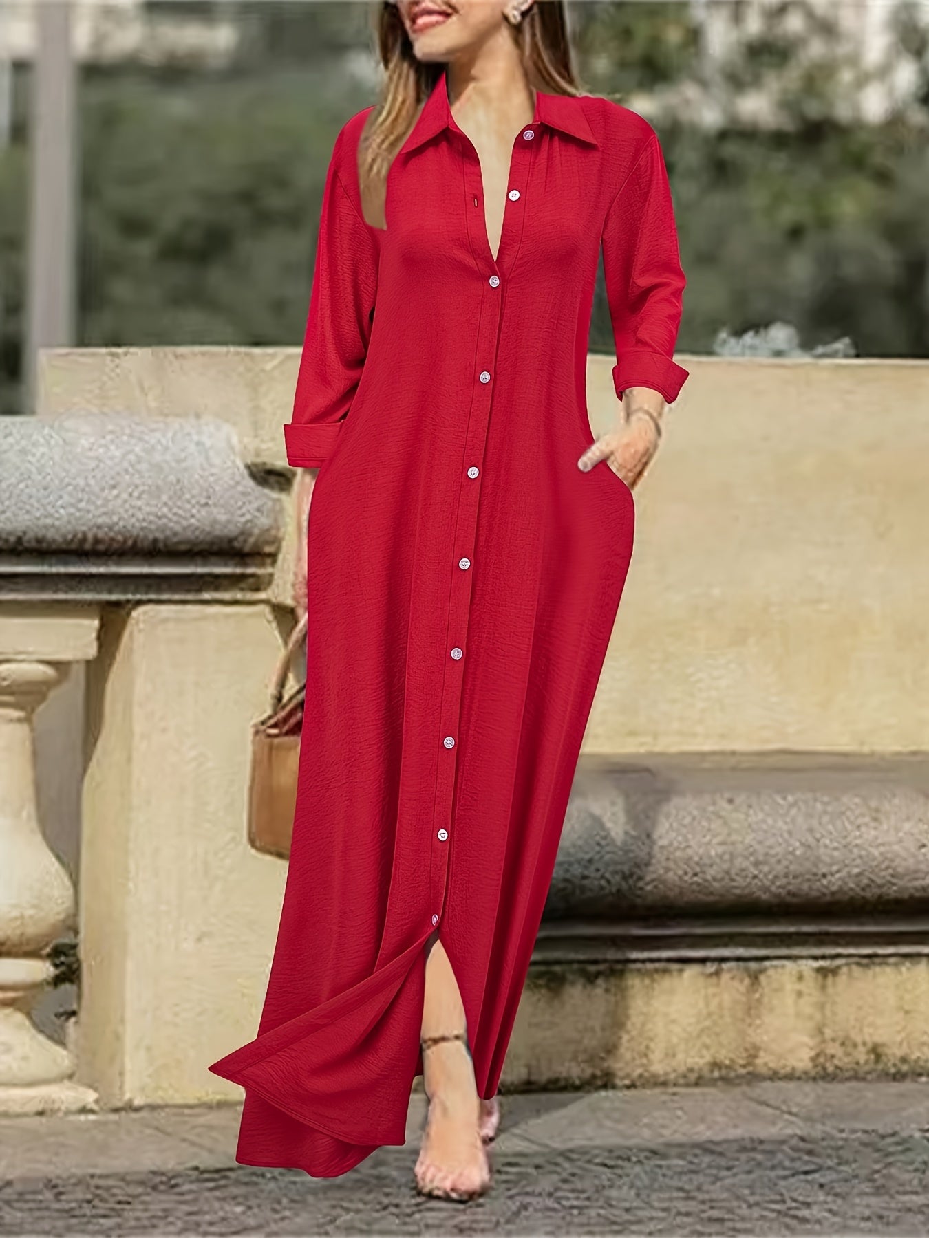 Women's Long Sleeve Shirt Dress - Casual Solid Color Polyester Button-Up with Woven Fabric, Adult All-Season Fashion Dress with Collar