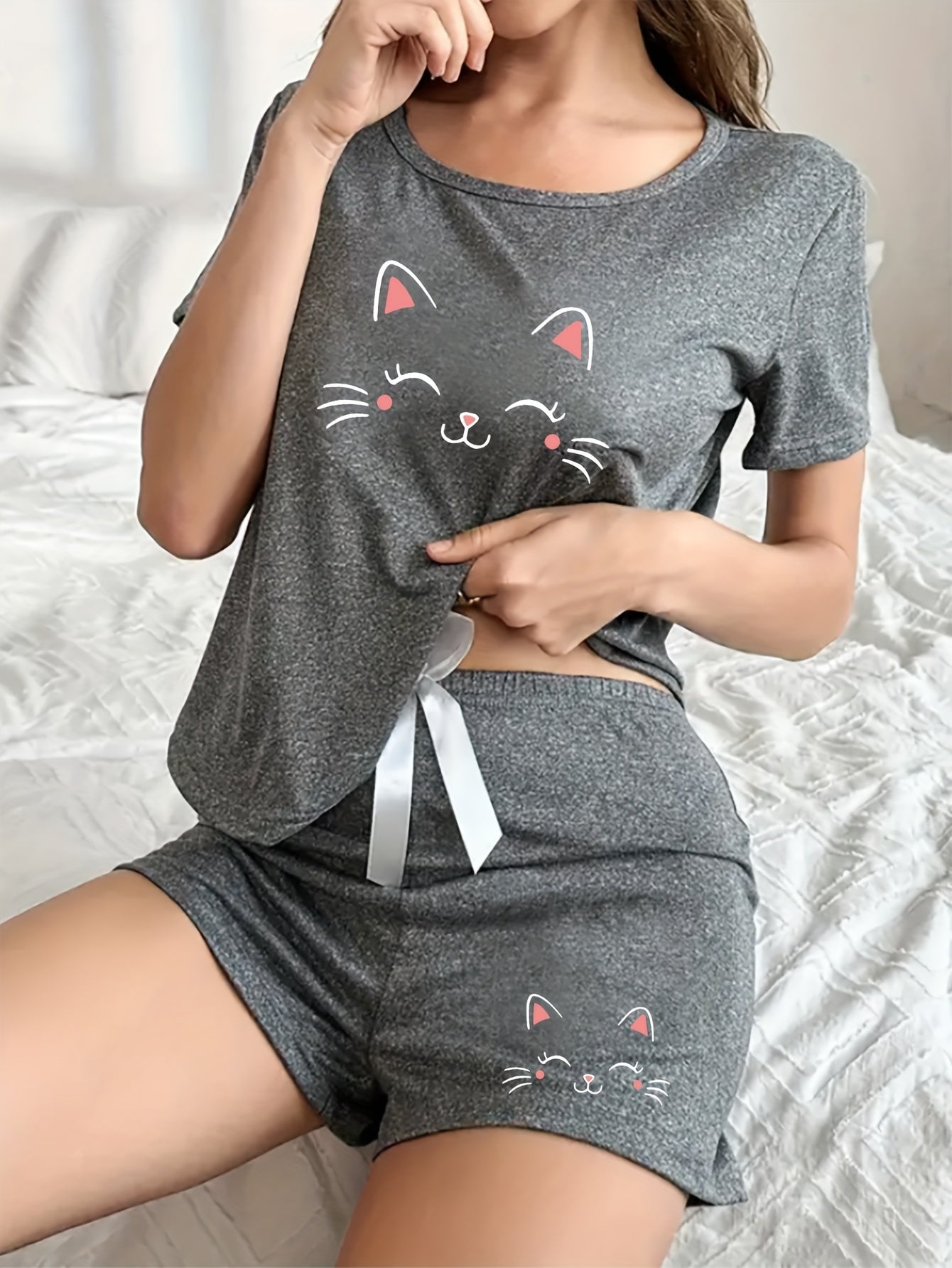 3pcs Cartoon joyful Cat Print Pajama Set for Women, Short Sleeve Top and Long Pants Shorts, Casual Comfortable Home Wear