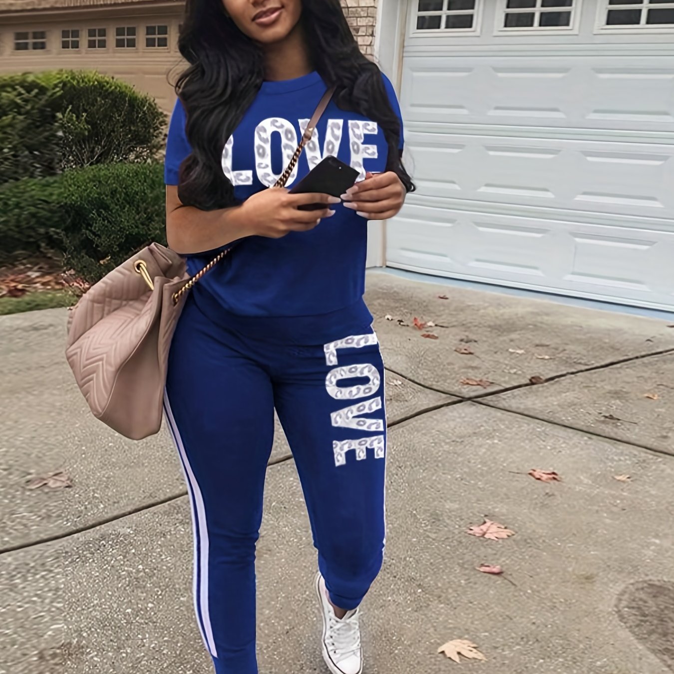 Casual Letter Print Two-piece Set, Short Sleeve T-shirt & Side Striped Pants Outfits, Women's Clothing