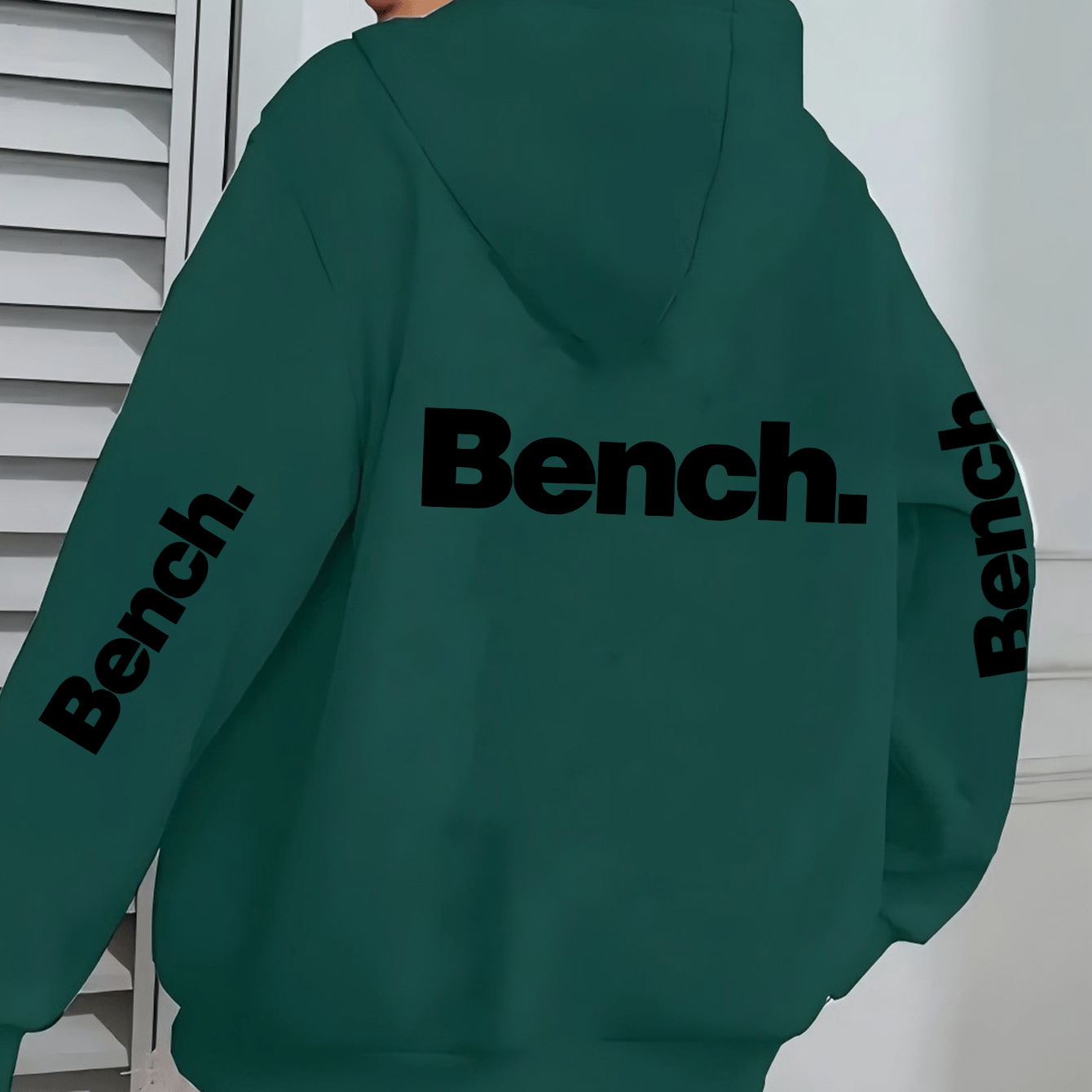 Women's Casual Hooded Jacket with Bold "Bench" Letter Print, Kangaroo Pocket & Zipper Collar - Machine-Washable Polyester, All-Season Versatile Outerwear, Perfect Gift for Her, Lightweight Layering, Urban Fashion, Quality Sti