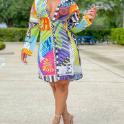 Casual Color Block Print Lapel Collar Shirt Dress, Polyester Elastane Blend, Button Details, Patchwork Pattern, All Season, Women'S Clothing