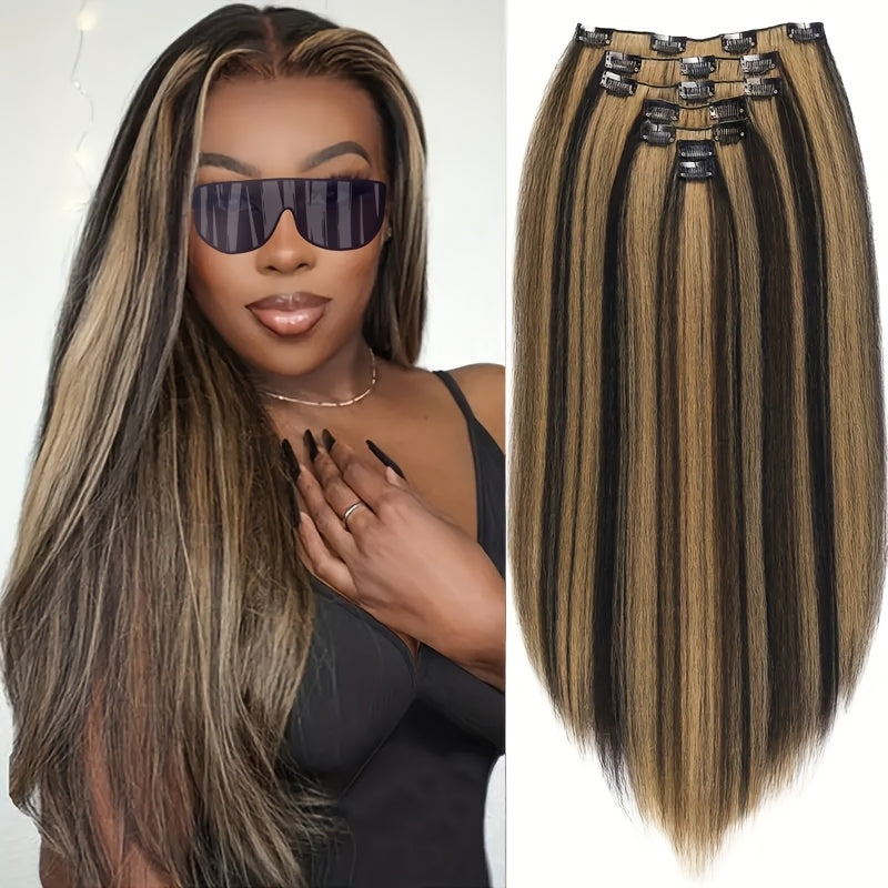 Kinky Straight Clip In Wig Extensions Full Head Yaki Straight Clips In For Women Synthetic Wig 7Pcs Wig Accessories