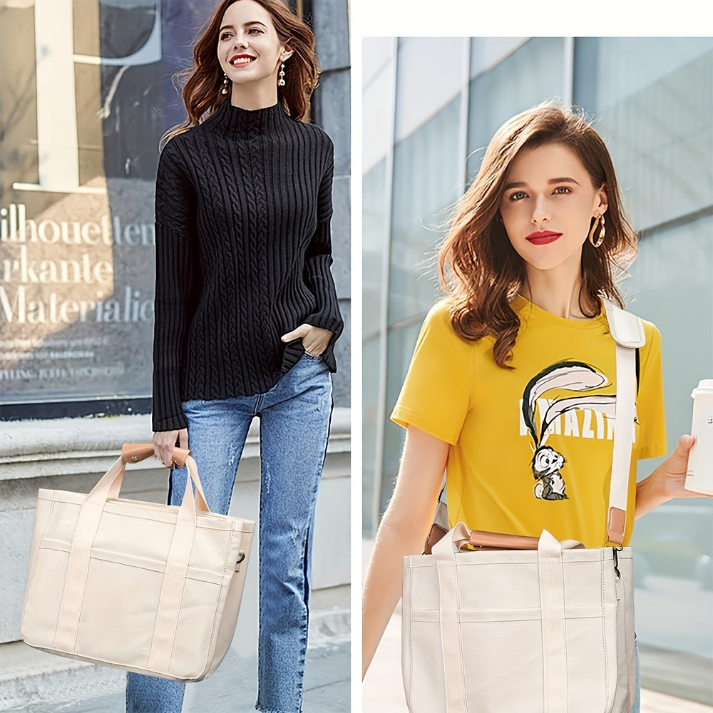 Canvas Tote Bag with Multi-Pocket for Women, Stylish & Spacious Messenger Bag - Durable, High-capacity, Versatile with Comfortable Single Shoulder Strap And Organized Compartments