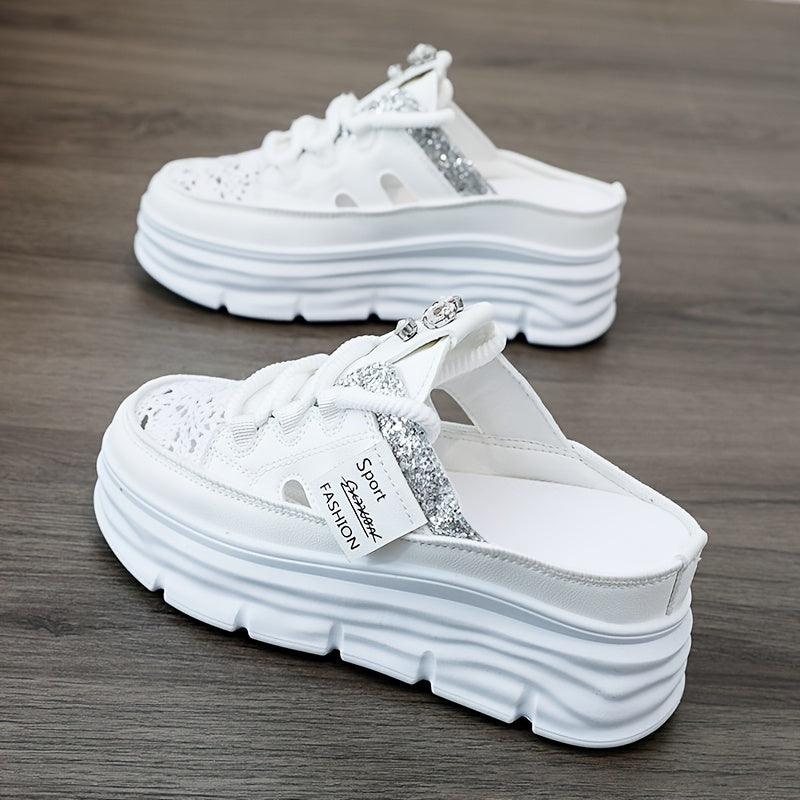 Women's Shoes 2024 Summer Hollow Out Thick Sole Plus Size Platform Sequin Casual Outdoor Sports Shoes