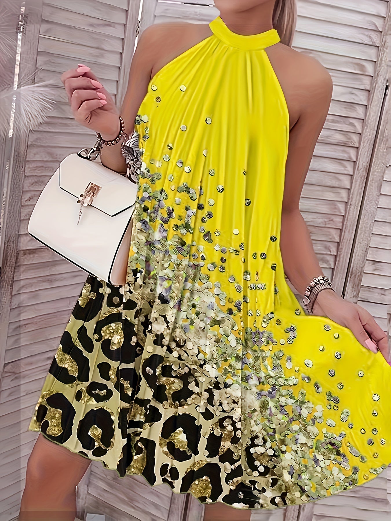 Graphic Print Pleated Halter Neck Dress, Elegant Sleeveless Loose Dress For Spring & Summer, Women's Clothing