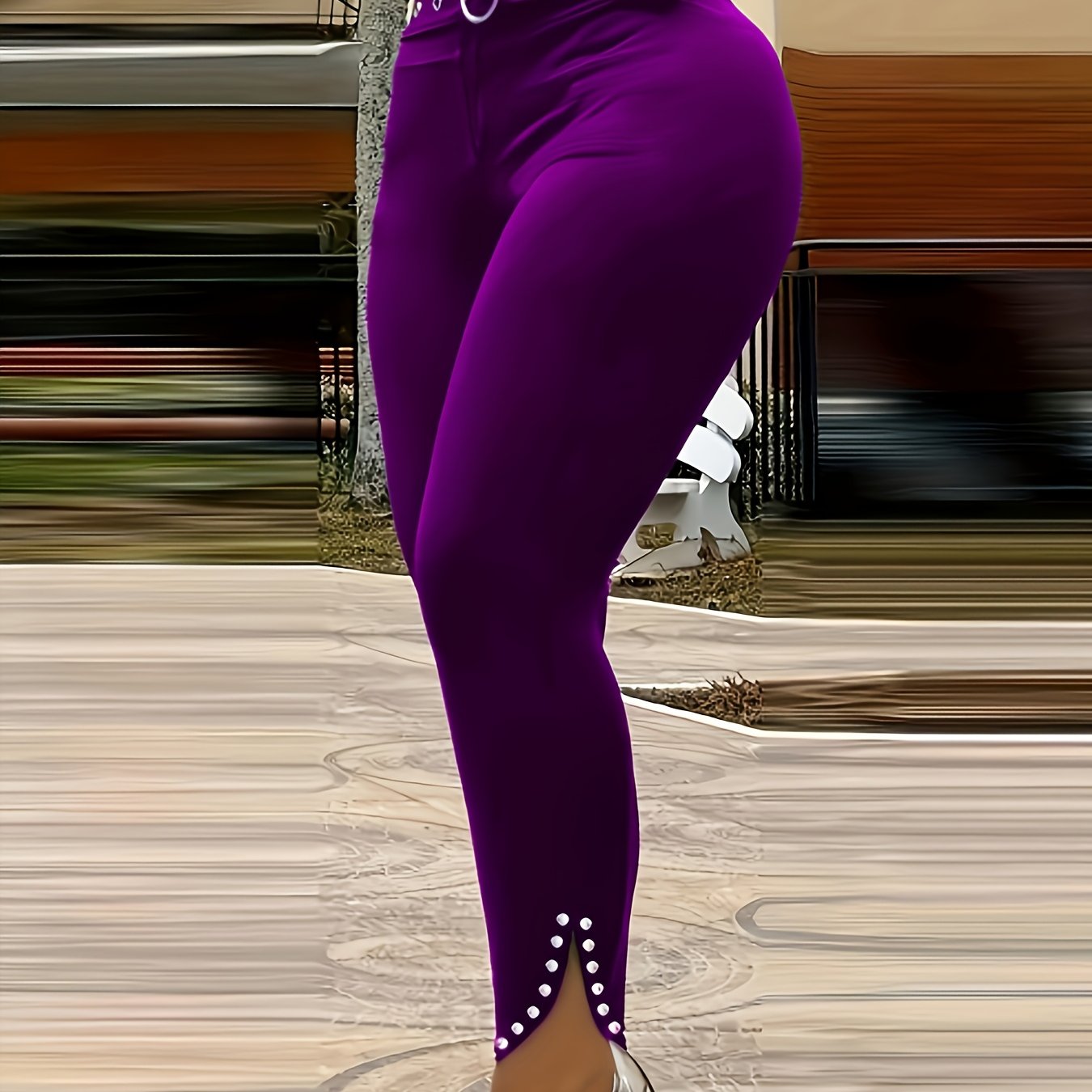 Women's Elegant High-Waisted Slim-Fit Pants with Stylish Eyelet Detailing and Rhinestone Accents, Versatile Red Long Trousers for All Seasons - Polyester, Machine Washable, Ladies Pants