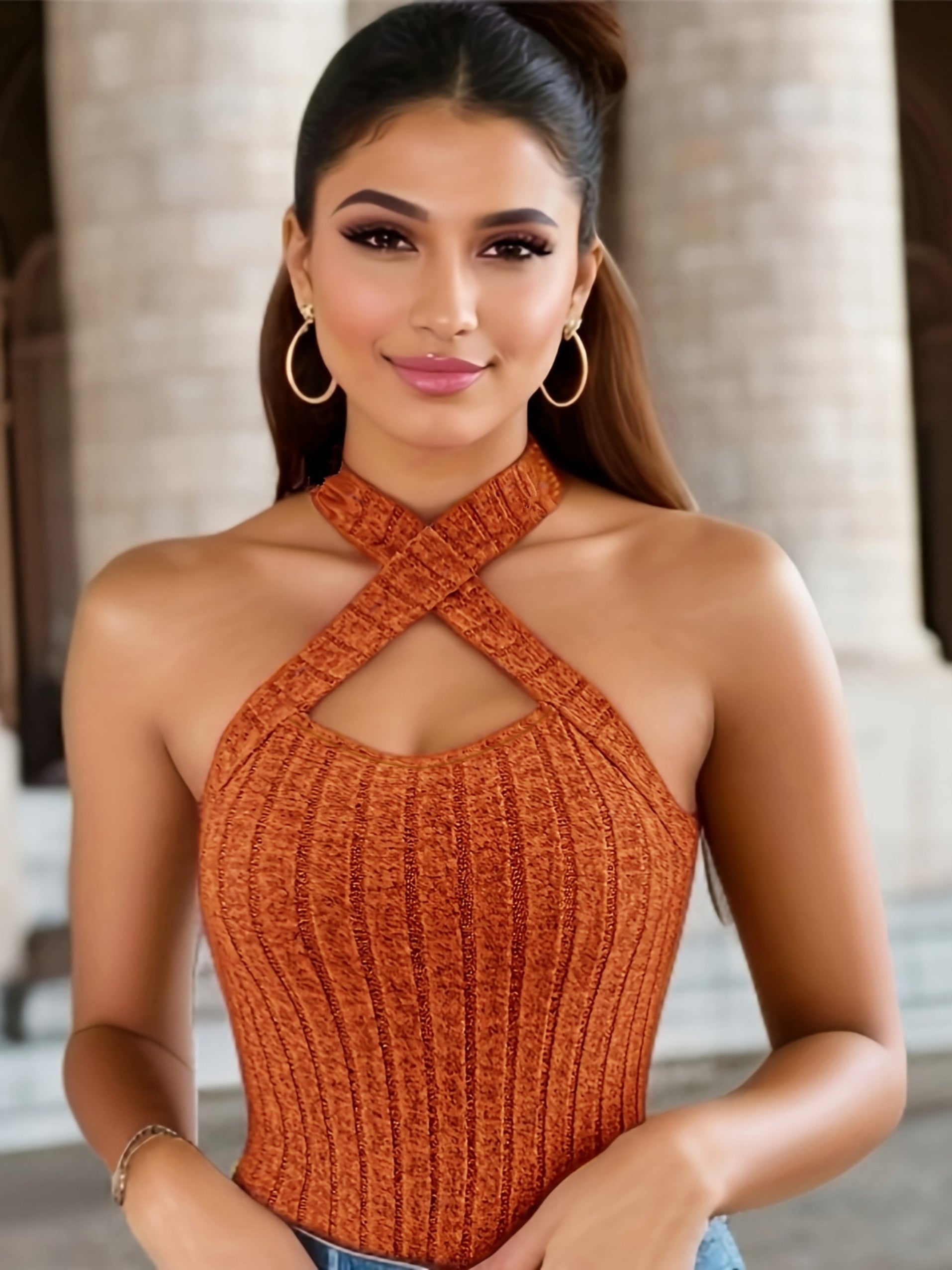 Solid Color Cross Halter Top, Versatile Sleeveless Slim Simple Top For Summer, Women's Clothing