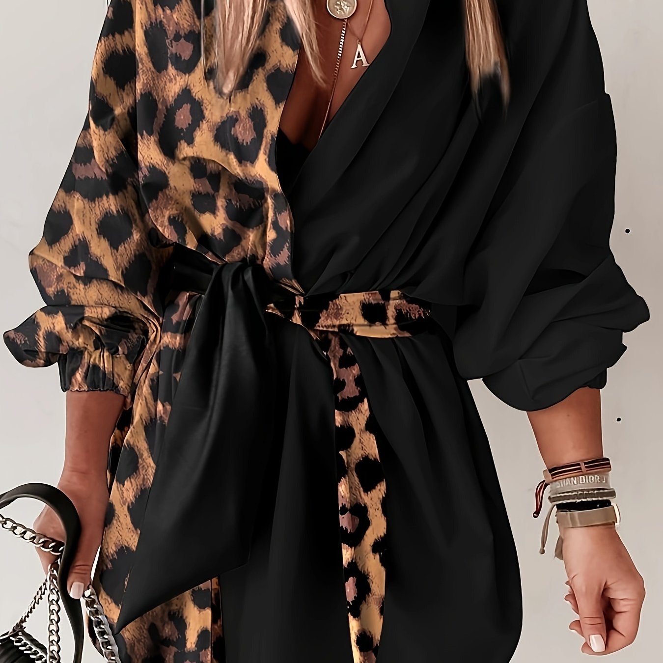 Women'S Leopard Print Wrap Dress with V-Neck and Button Details - Stylish Black and Brown Pattern, Perfect for All Seasons, Casual to Semi-Formal Attire, Casual Attire|Vneck Dress|Wrap Dress