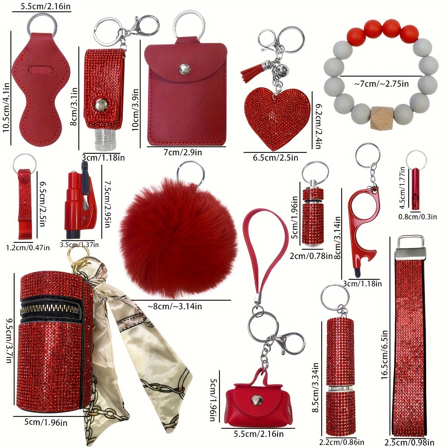 15pcs Rhinestone Safety Keychain Set for Women, Wristlet Keyring with Storage Pouch & Pom Pom Card Holder Accessories Kit