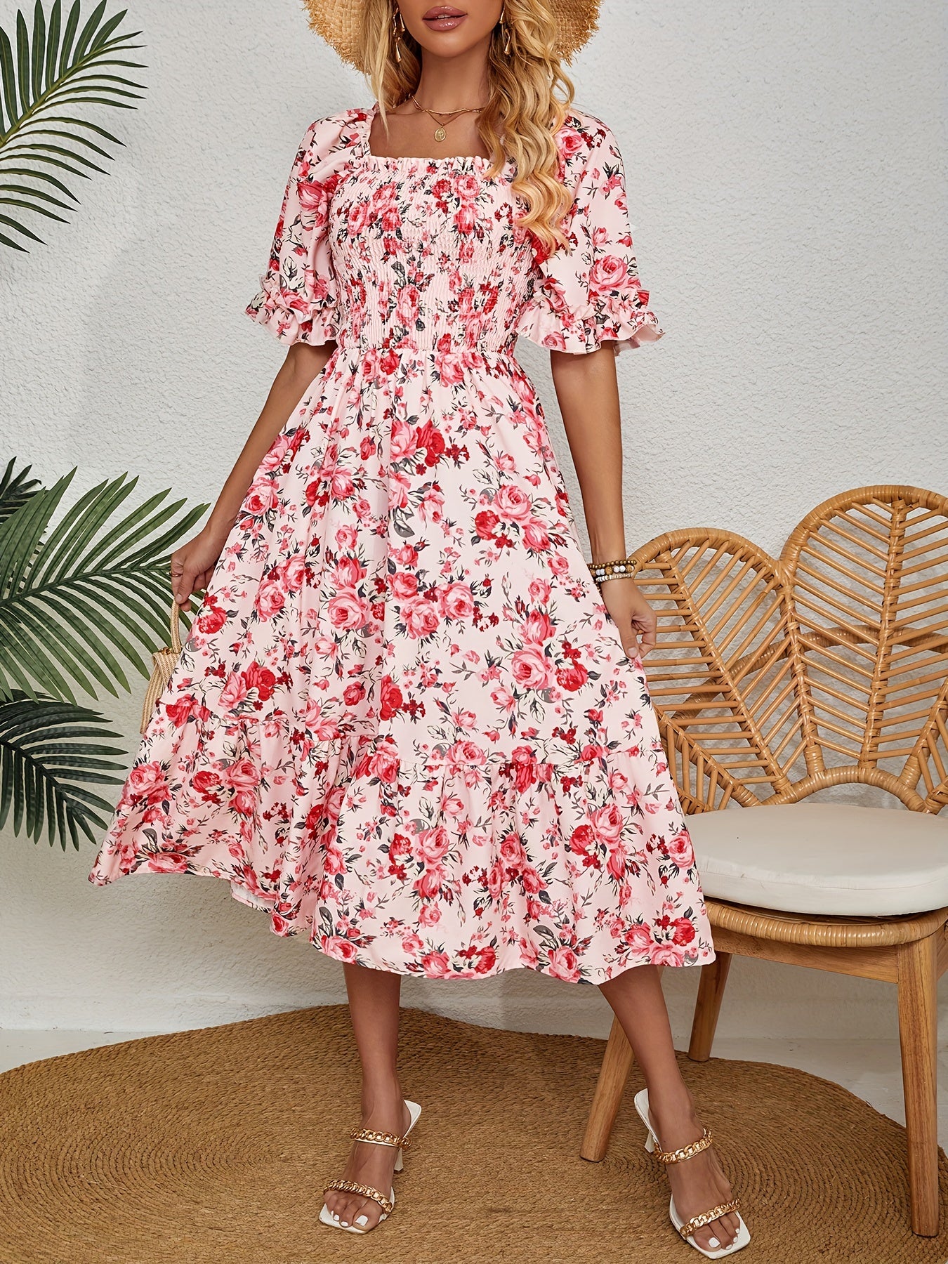 Chic Floral Print Midi Dress with Ruffle Sleeves and Square Neckline - Polyester, Non-Stretch, Machine Washable - Ideal for Spring/Summer Vacations and Gatherings