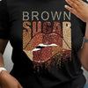 [Bold Style] Women's "Brown Sugar" Glitter Lip Print T-Shirt - Casual Short Sleeve, Round Neck, Black with Golden and Pink Accents, Spring/Summer Fashion