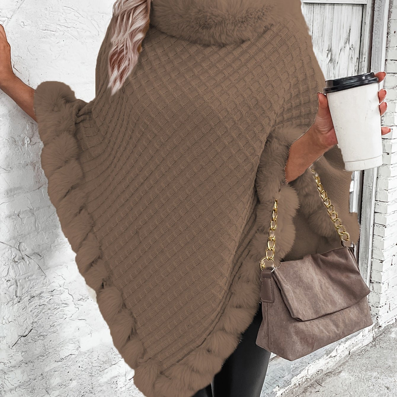 Winter Chic Fur-Trim Turtleneck Sweater - Cozy Long Sleeve, Hanky Hem Design - Perfect for Cold Weather