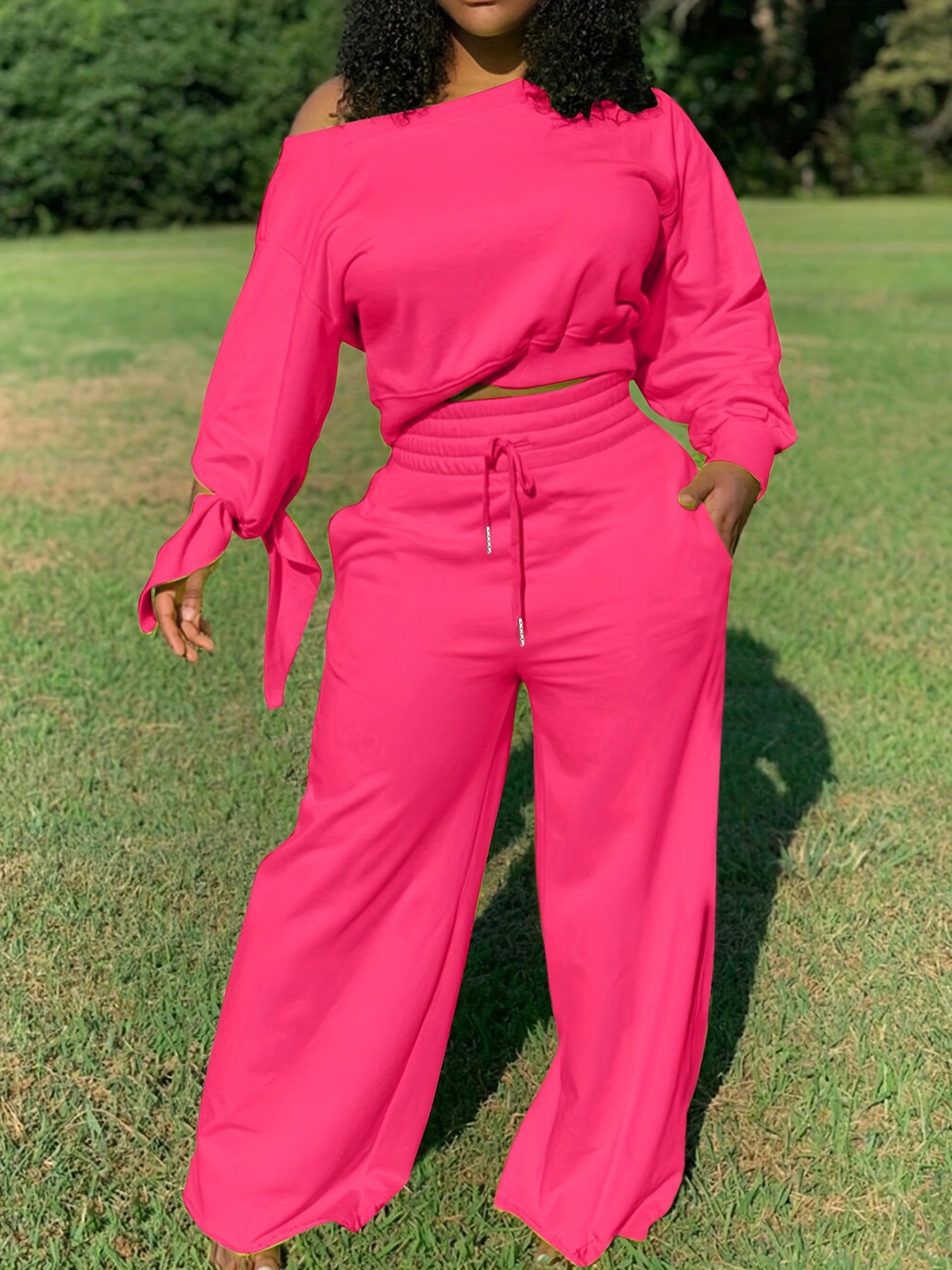 Solid Casual Two-piece Set, Slanted Shoulder Long Sleeve Tops & Drawstring Pants Outfits, Women's Clothing