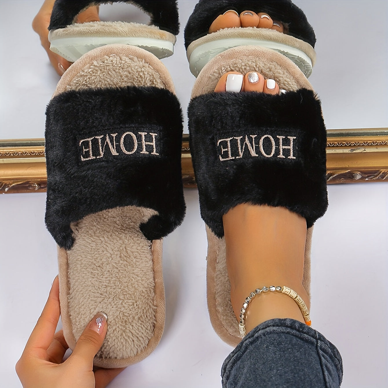 Women's Cozy Plush Home Slippers, White with "HOME" Embroidery, Soft Faux Furry Indoor Footwear, Comfortable All-Season Slip-Ons