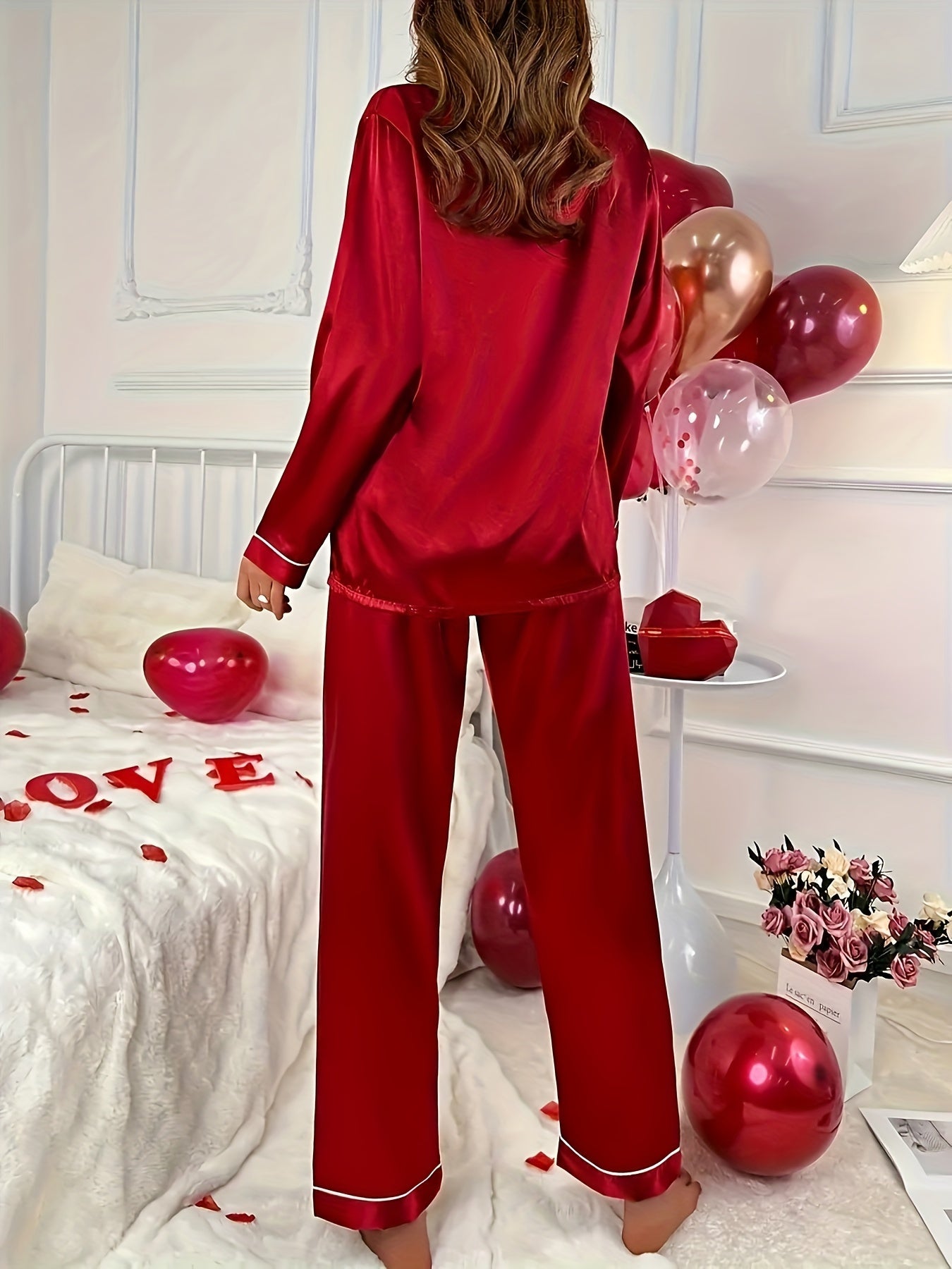 Simple Solid Satin Lounge Set, Long Sleeve Buttons Lapel Top & Elastic Pants, Women's Loungewear